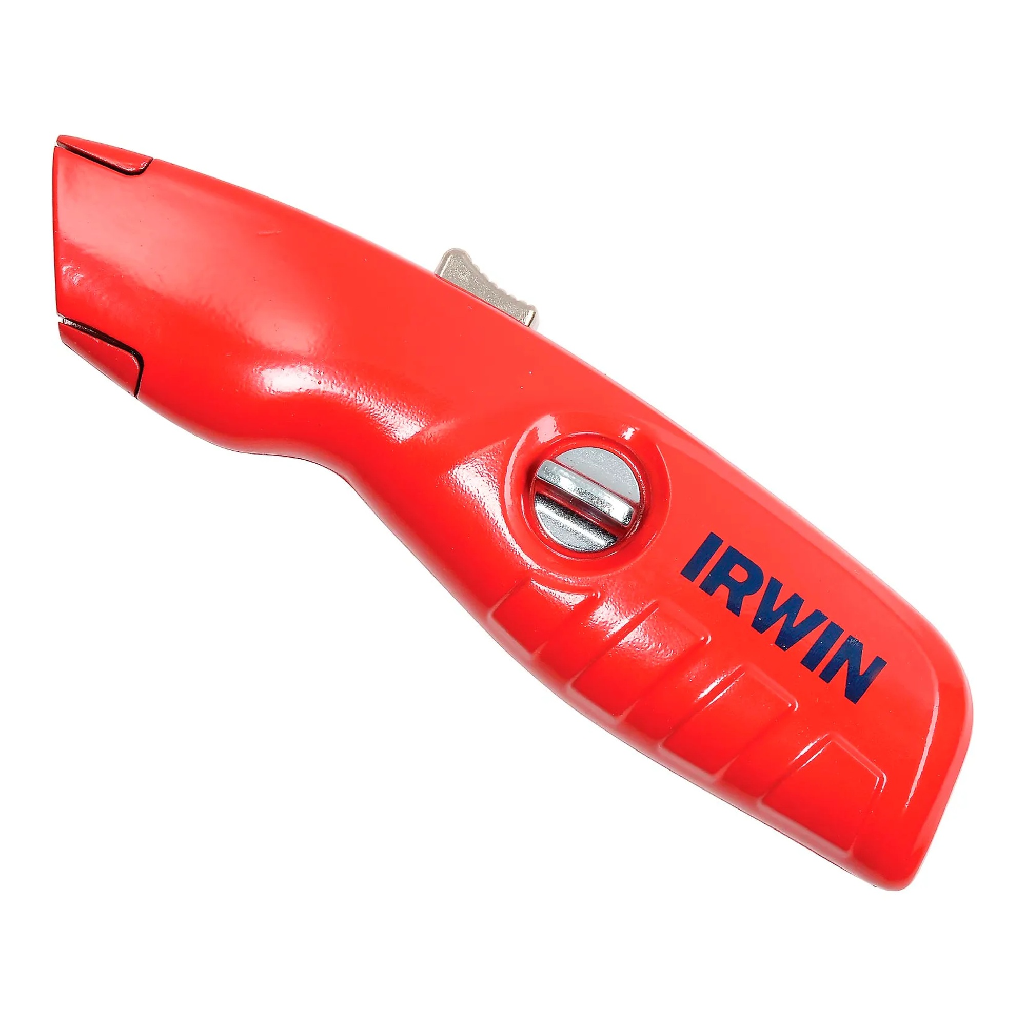 Red self-retracting safety utility knife with ergonomic no-slip handle