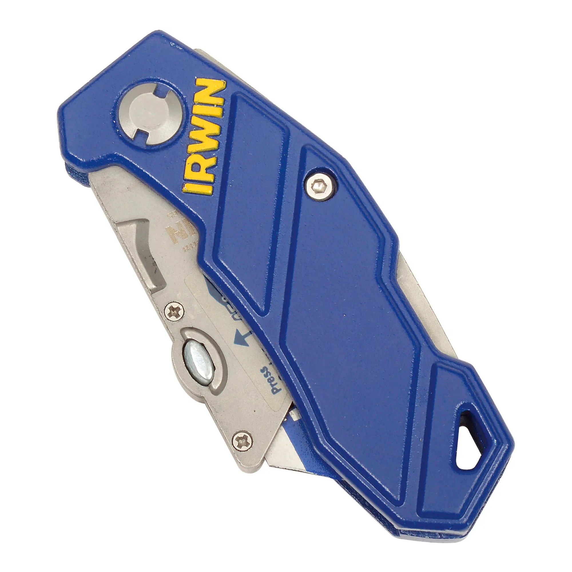 Blue folding utility knife with belt clip
