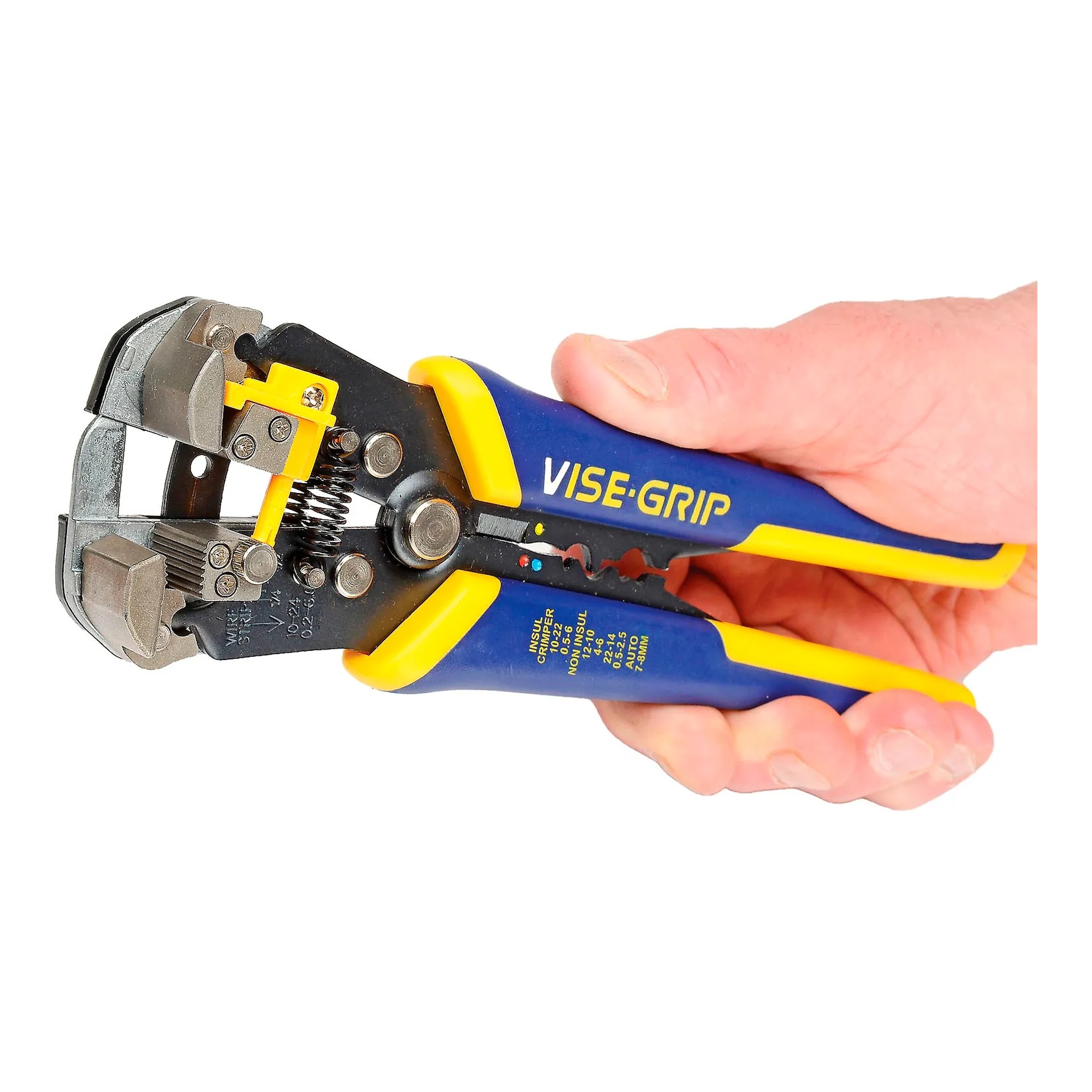 Blue self-adjusting wire stripper, cutter, and crimper with comfort grips