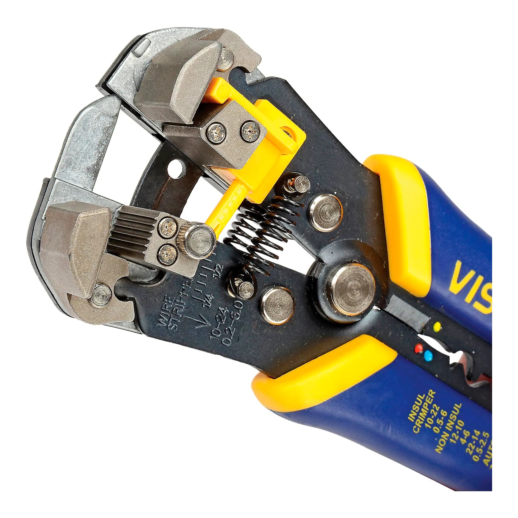 Blue self-adjusting wire stripper, cutter, and crimper with comfort grips