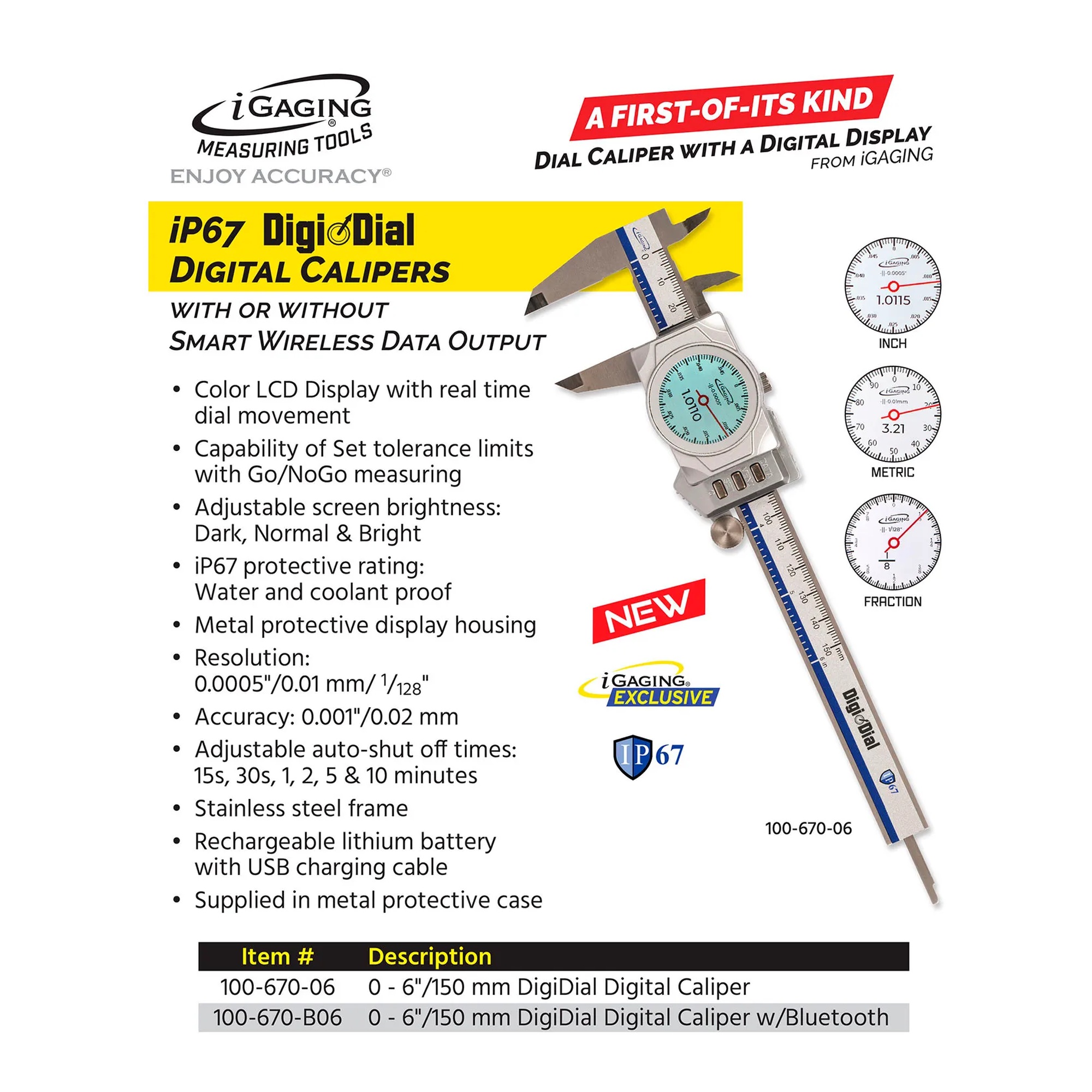 Digital dial face caliper with 0–6 inch and 150 mm measuring range