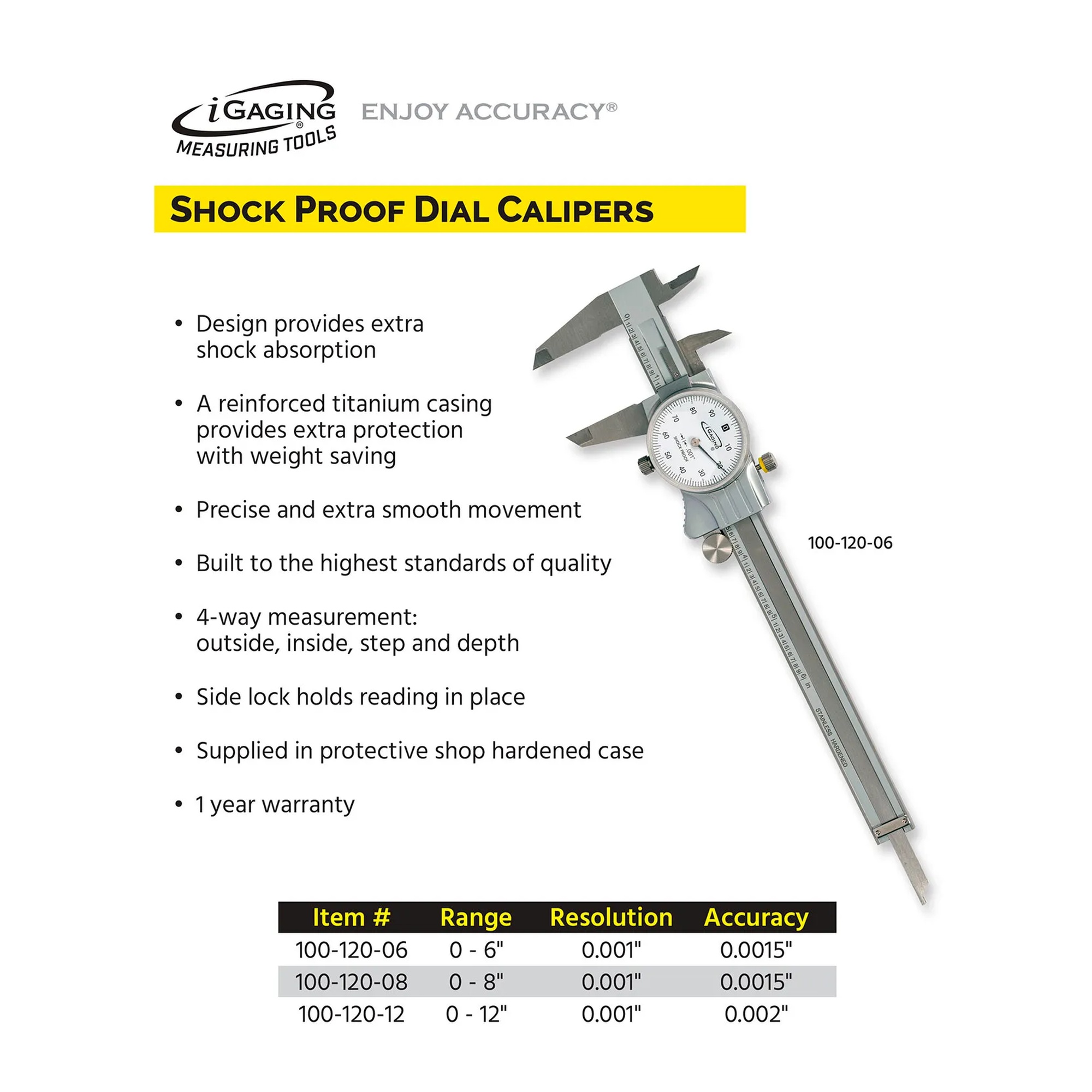 Premium shockproof dial caliper with 0–8 in. measuring range