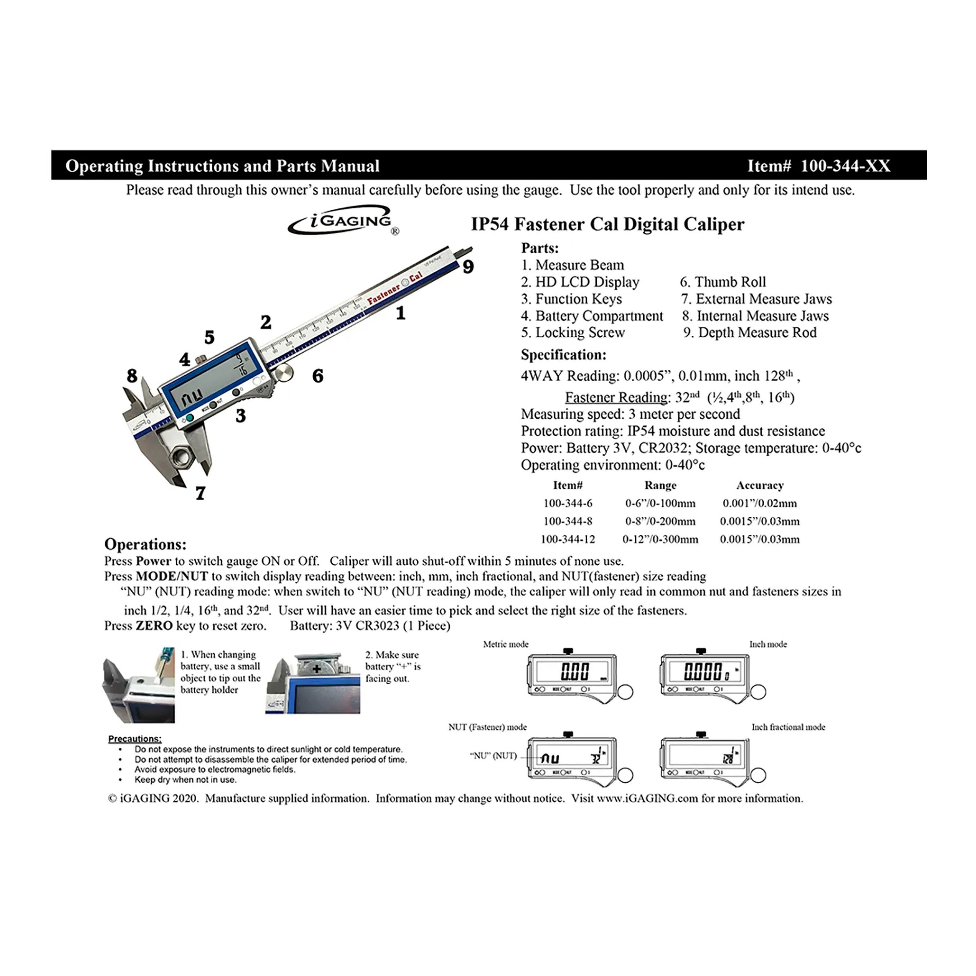 Digital stainless steel caliper with fastener reading function and large LCD display
