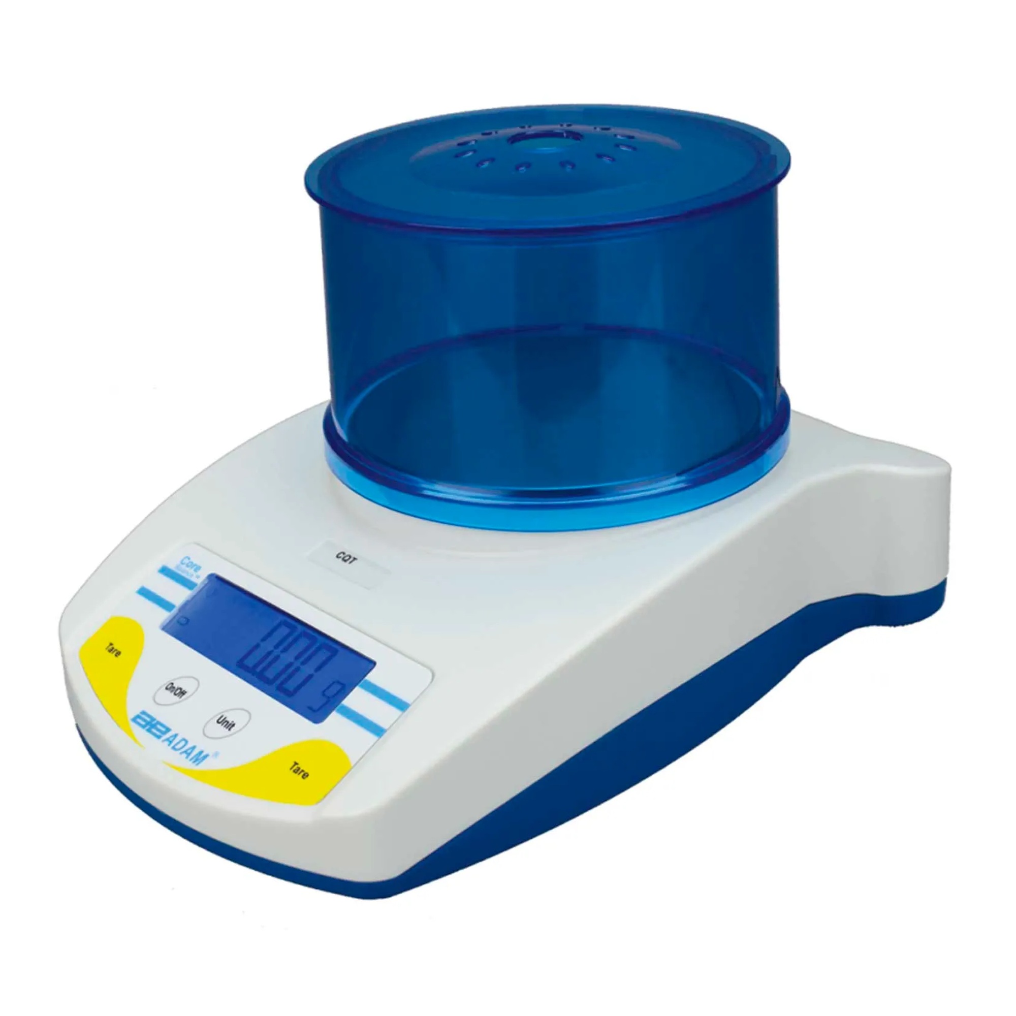 White compact digital balance with round weighing platform and backlit display