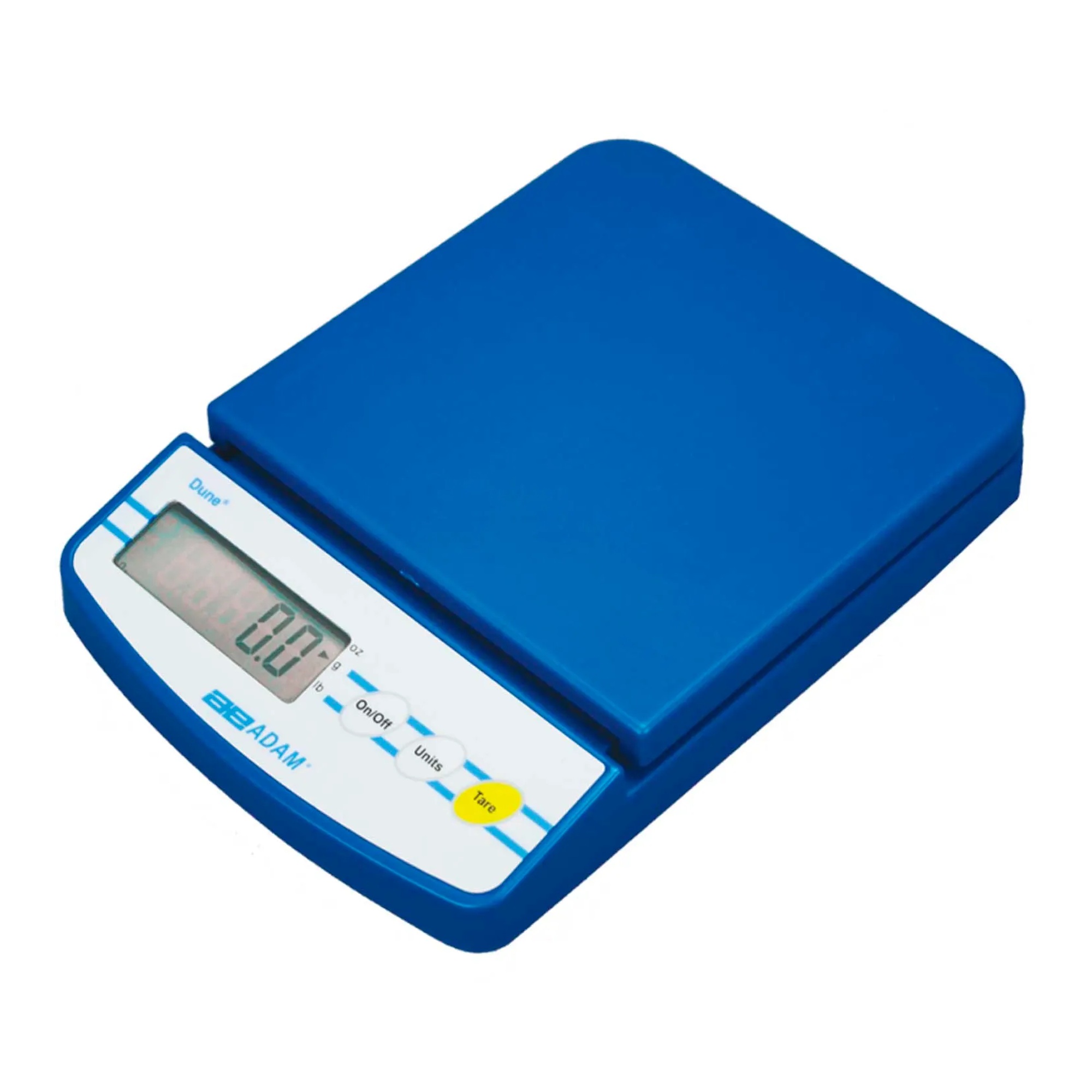 Blue compact digital balance with square weighing platform and keypad