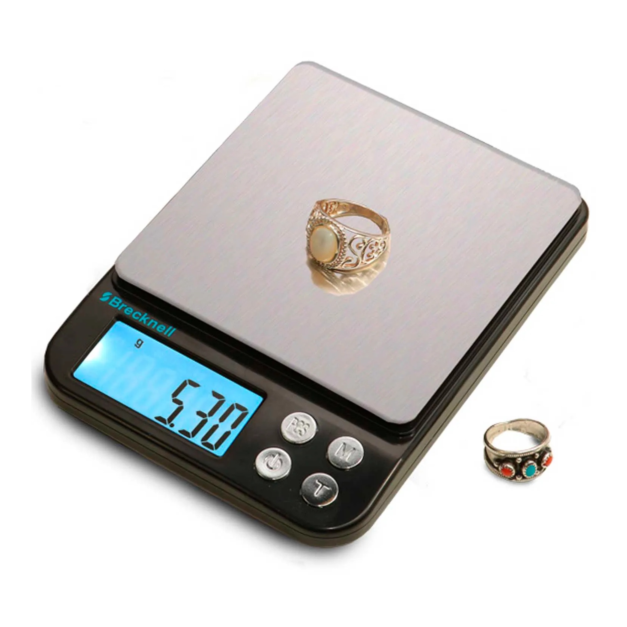 Black and silver electronic pocket balance with stainless steel platter and backlit display