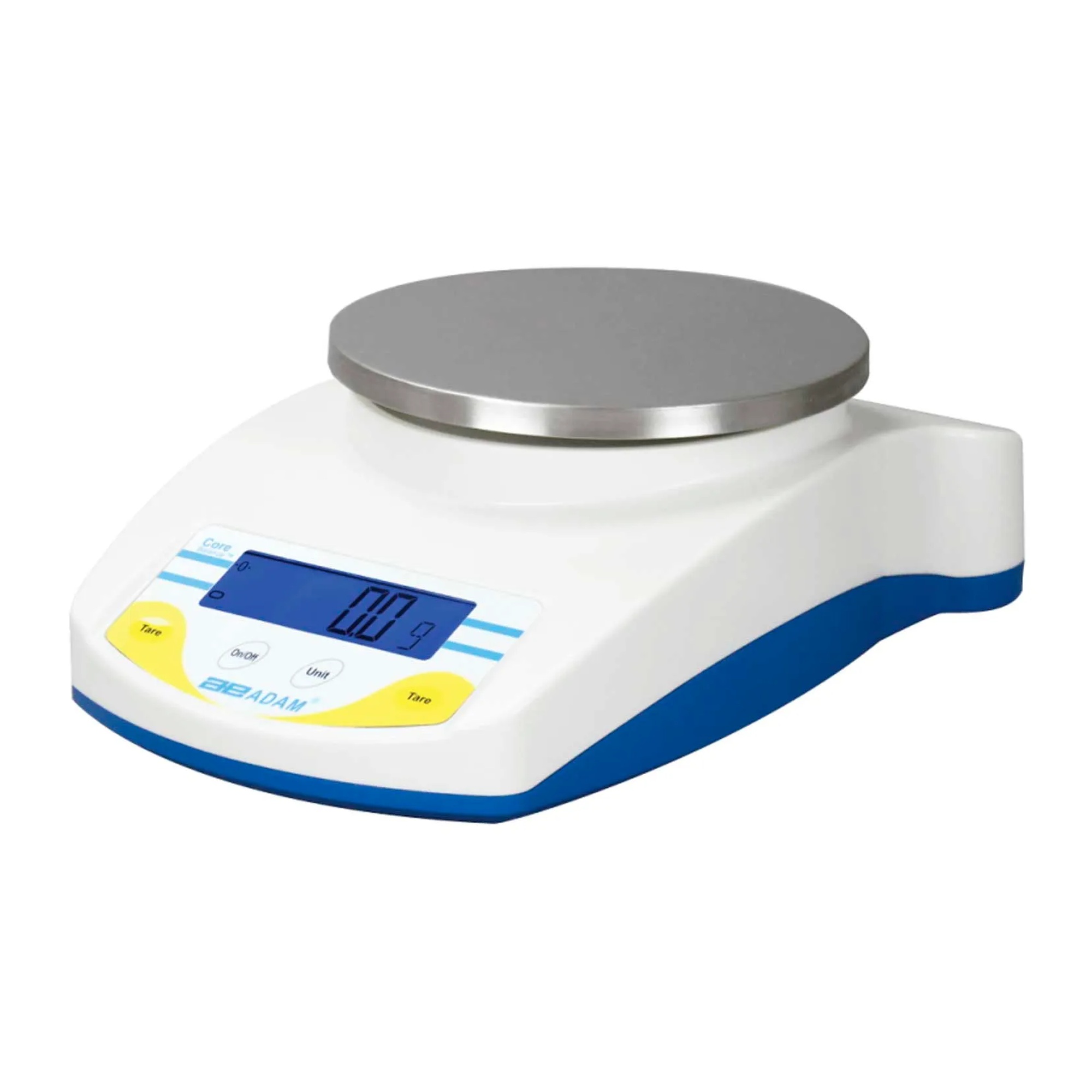 White compact digital balance with a round weighing platform and backlit display