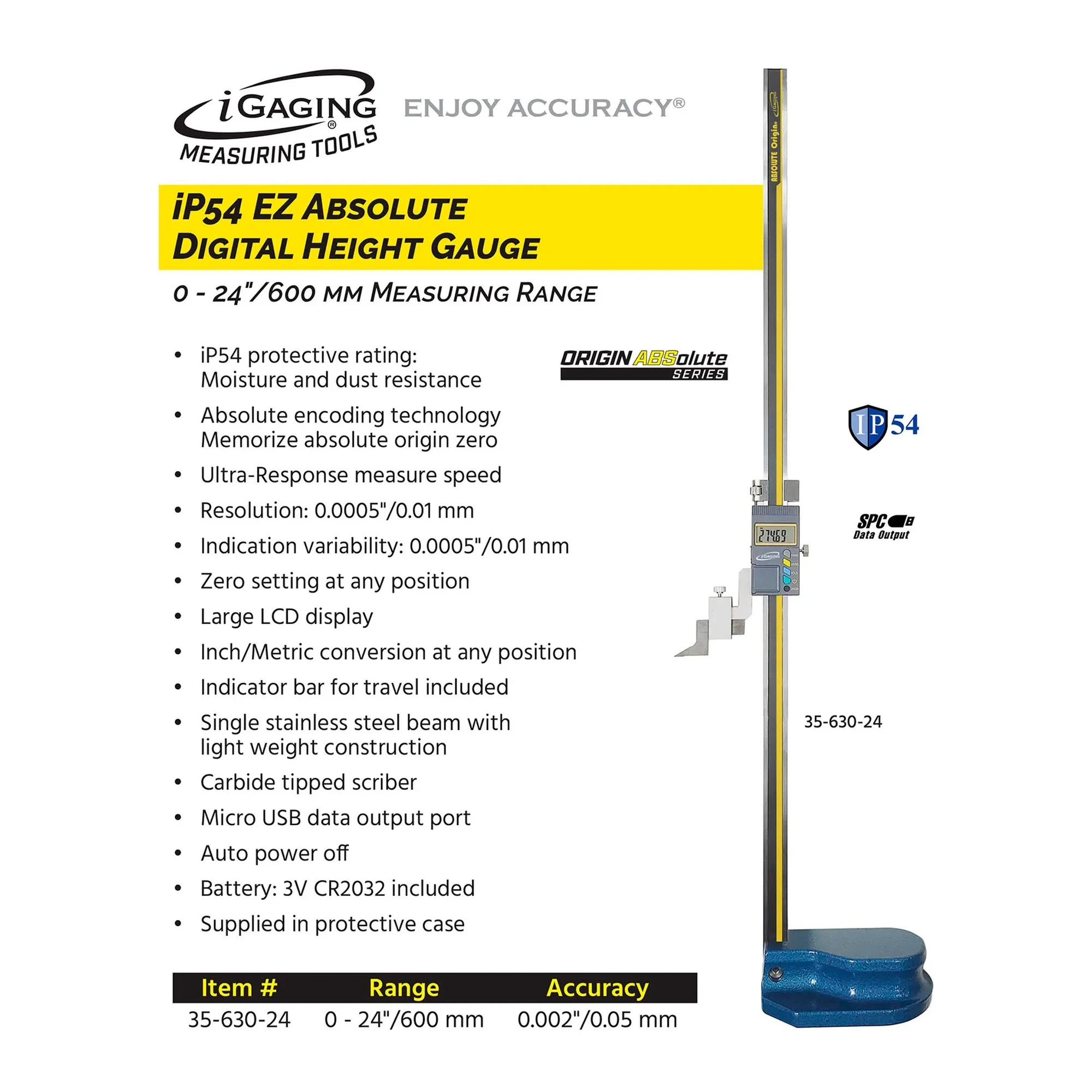 Absolute digital height gauge with carbide-tipped scriber and large LCD display