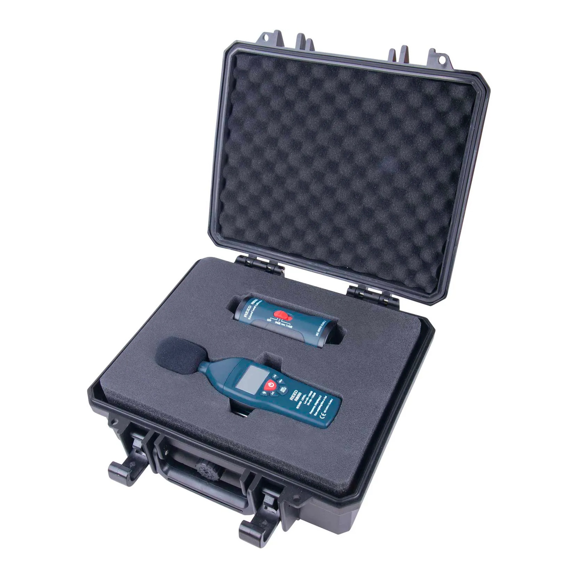 Sound level meter and calibrator kit in a blue hard carrying case