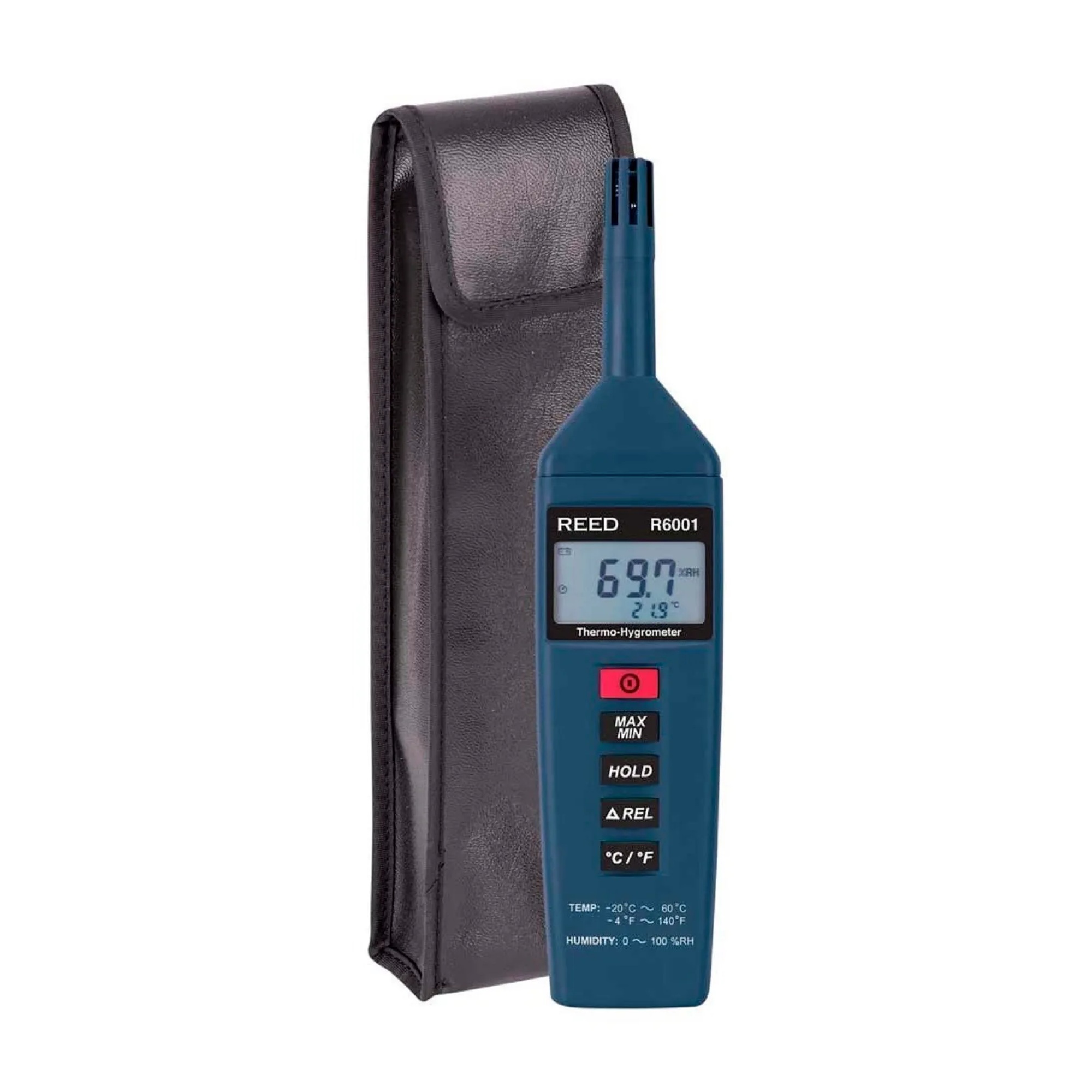 Portable blue thermo-hygrometer with dual LCD temperature and humidity display
