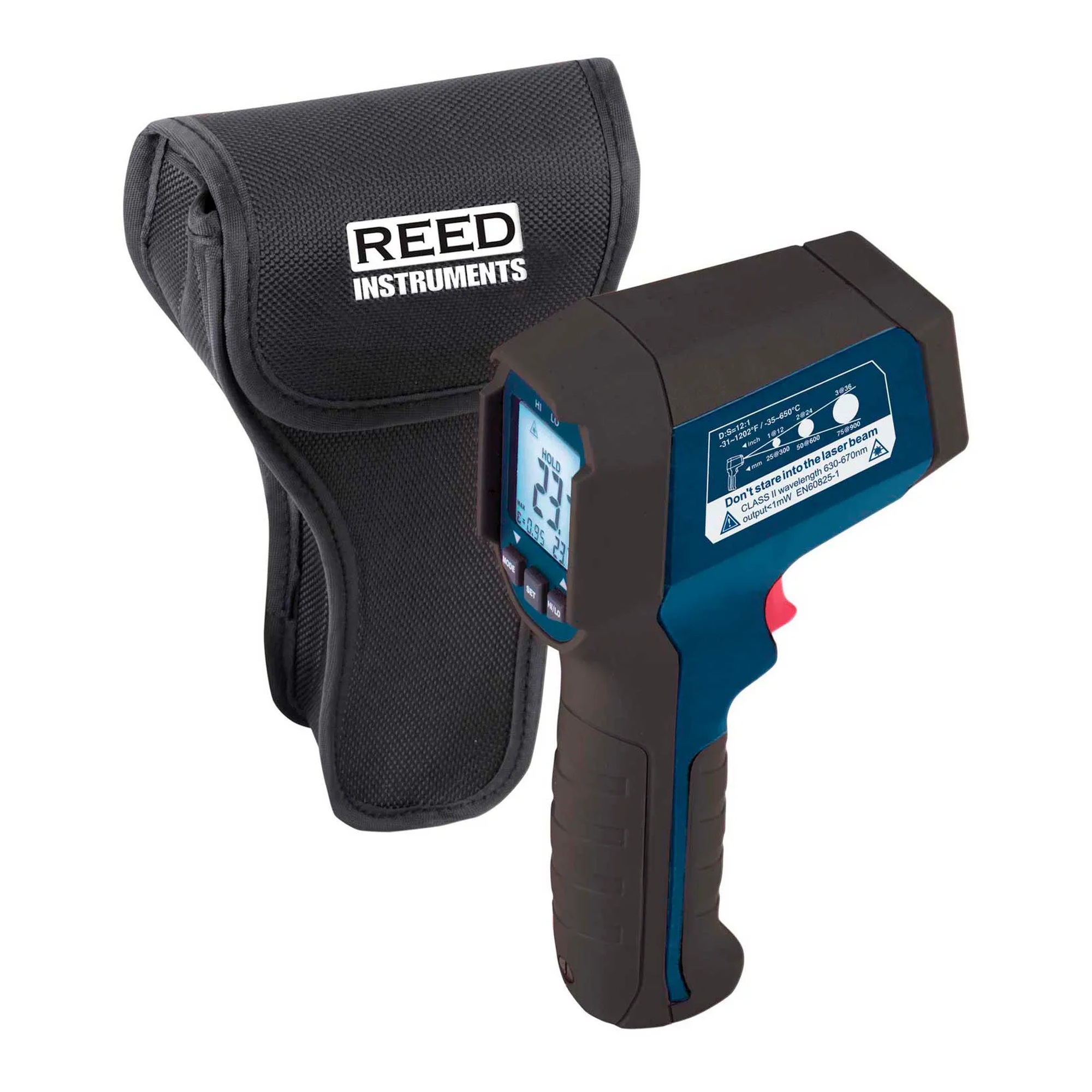 Black IP65-rated infrared thermometer with display and trigger