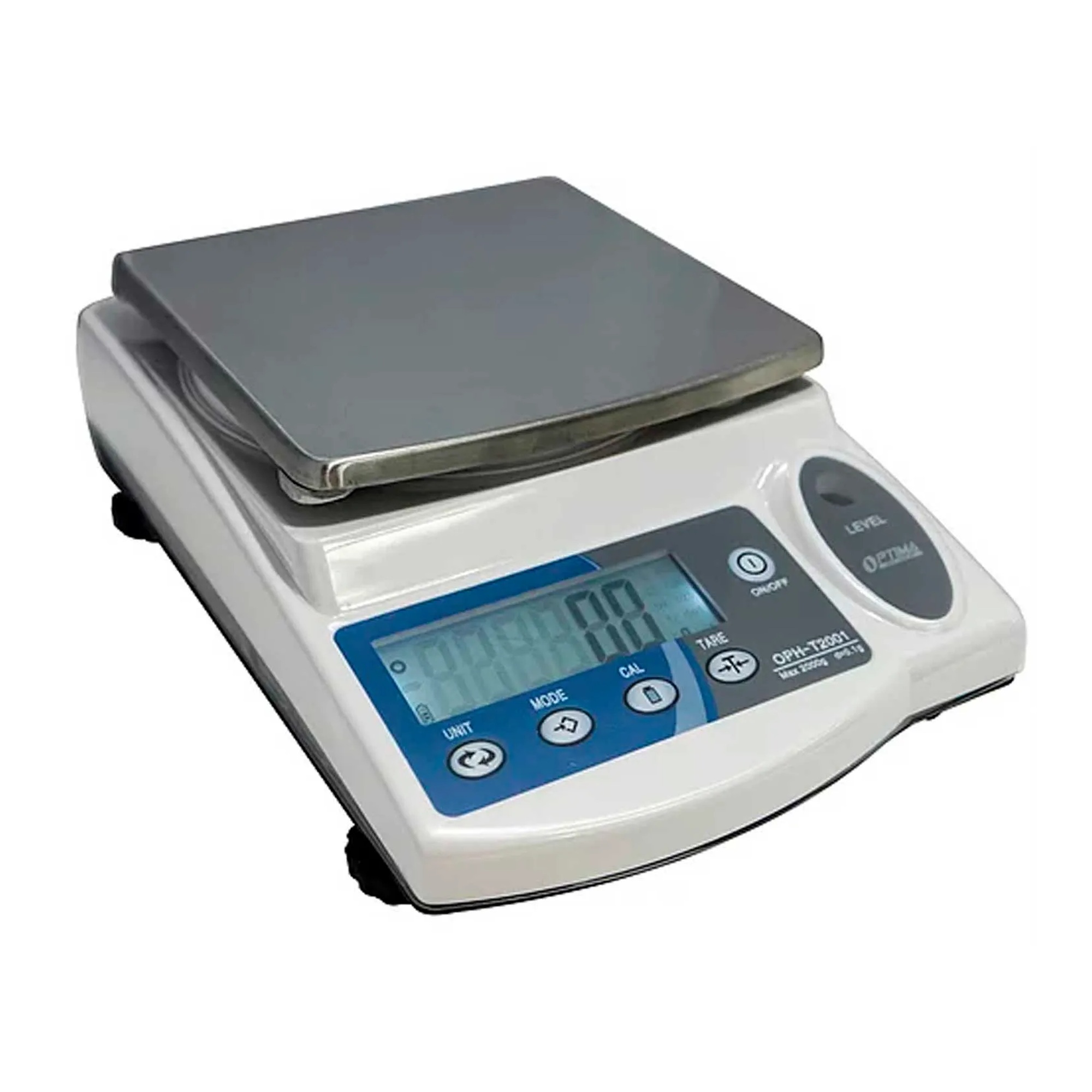 White precision balance scale with a square weighing pan