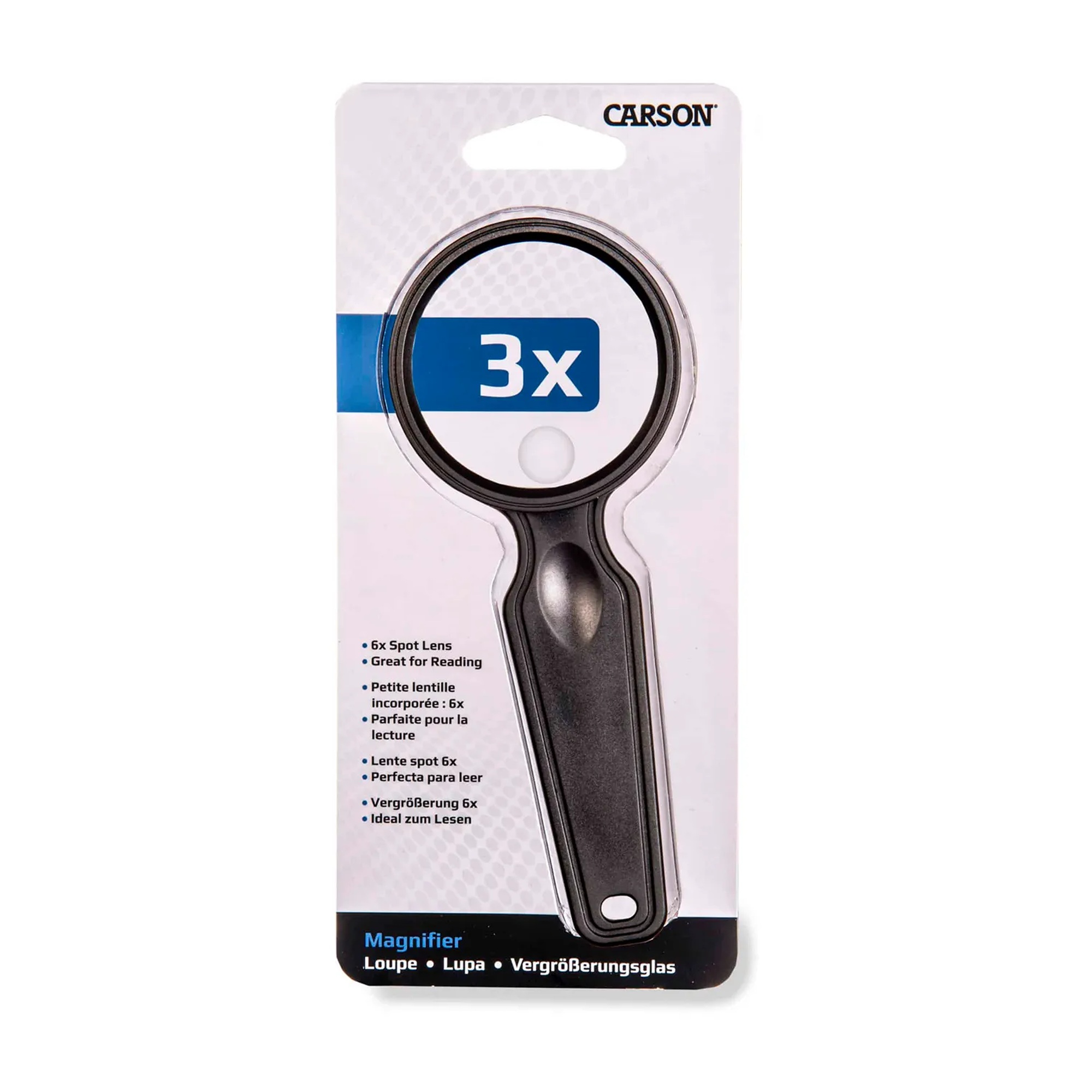 Black handheld magnifier with 3x main lens and 6x spot lens