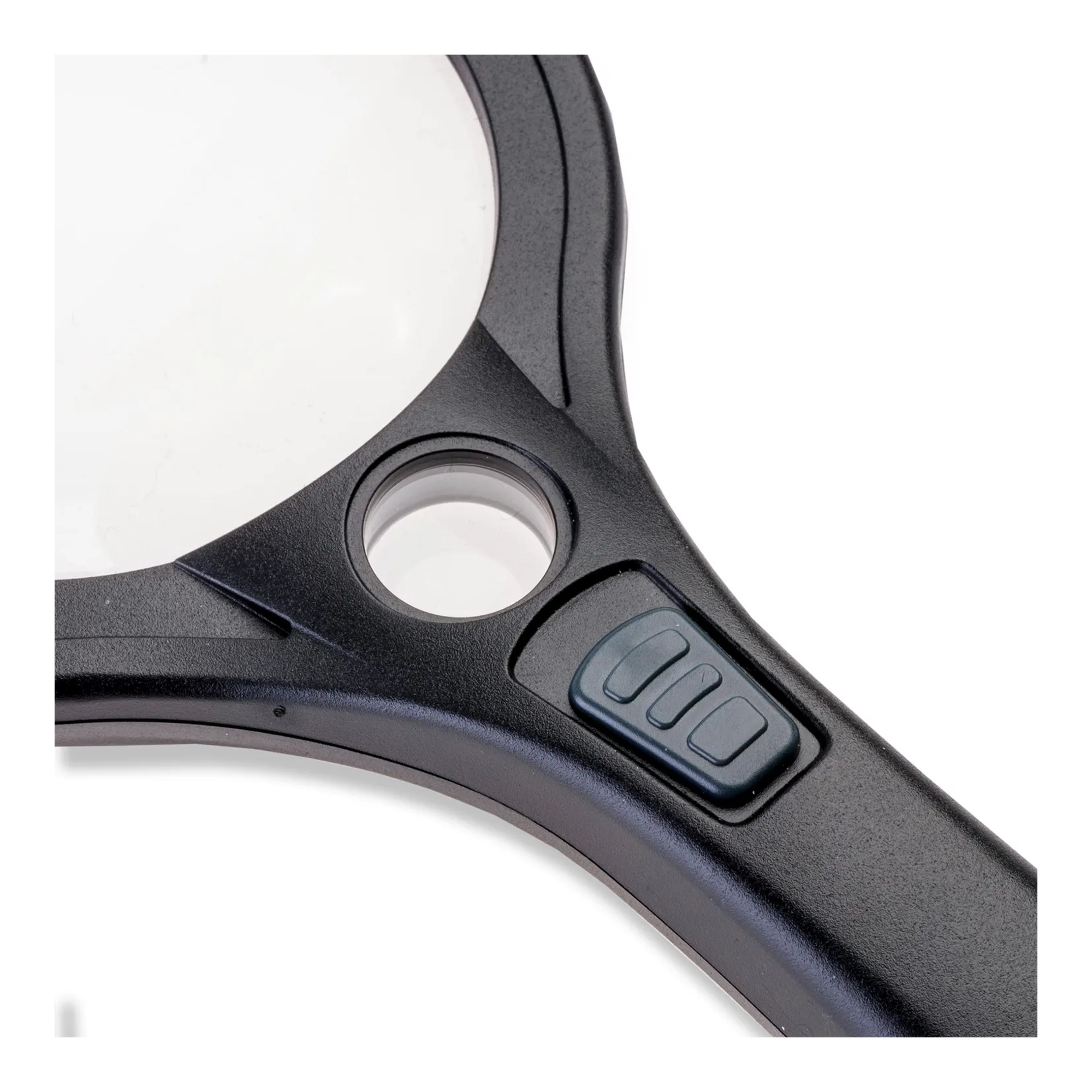 Black lighted magnifier with 4.5-inch lens, 2x magnification, and 7x spot lens