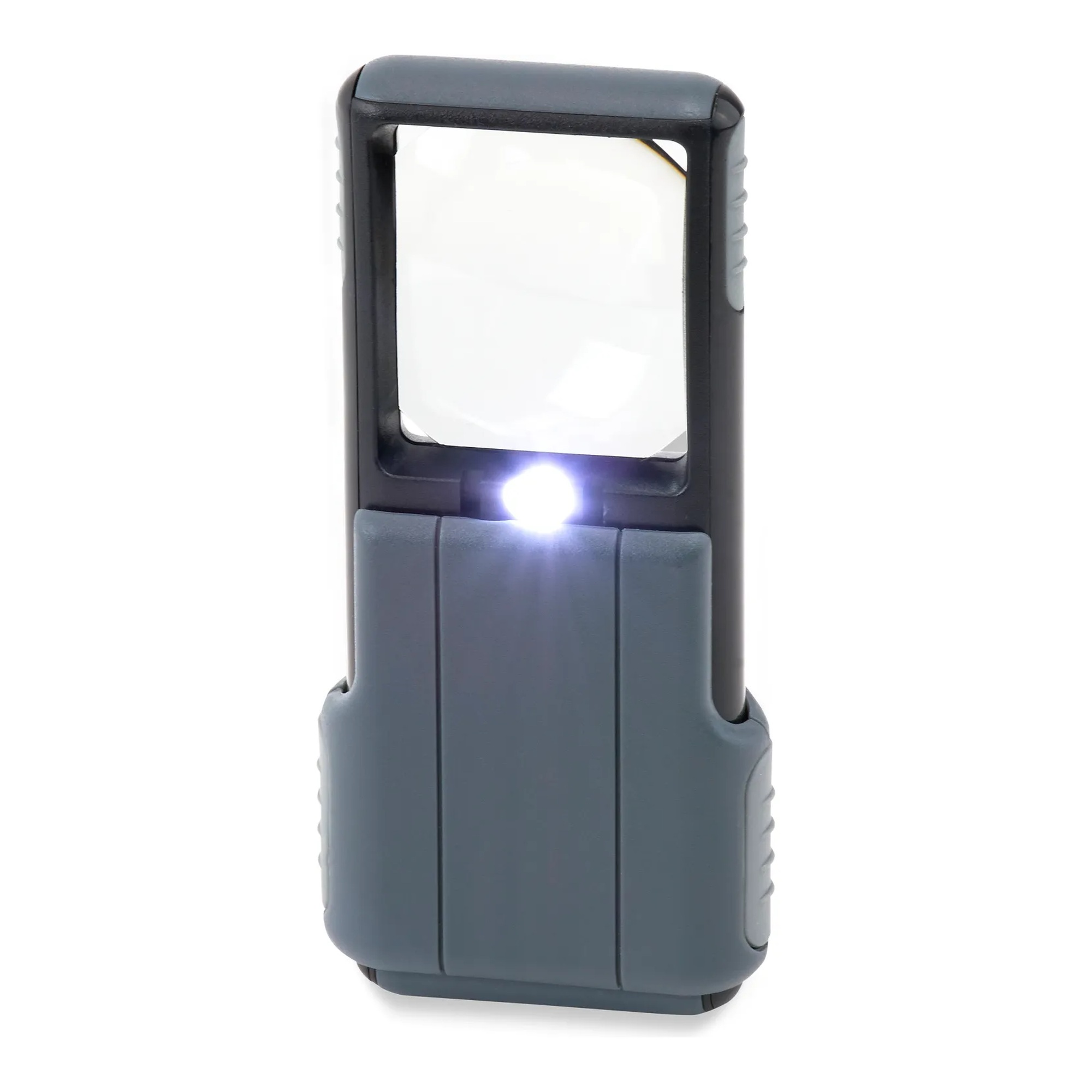 Blue 5X LED lighted aspheric pocket magnifier with protective sleeve