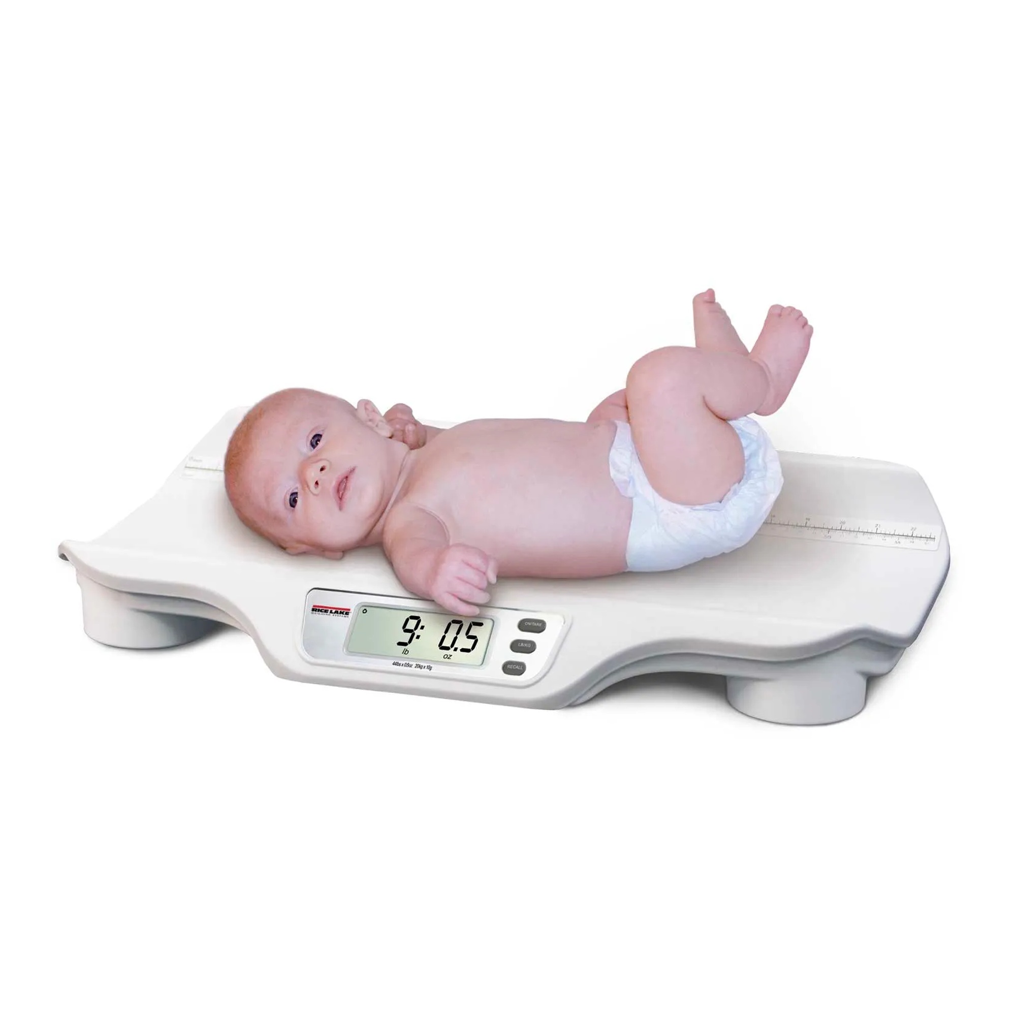 White digital baby scale with built-in measuring tape and LCD display