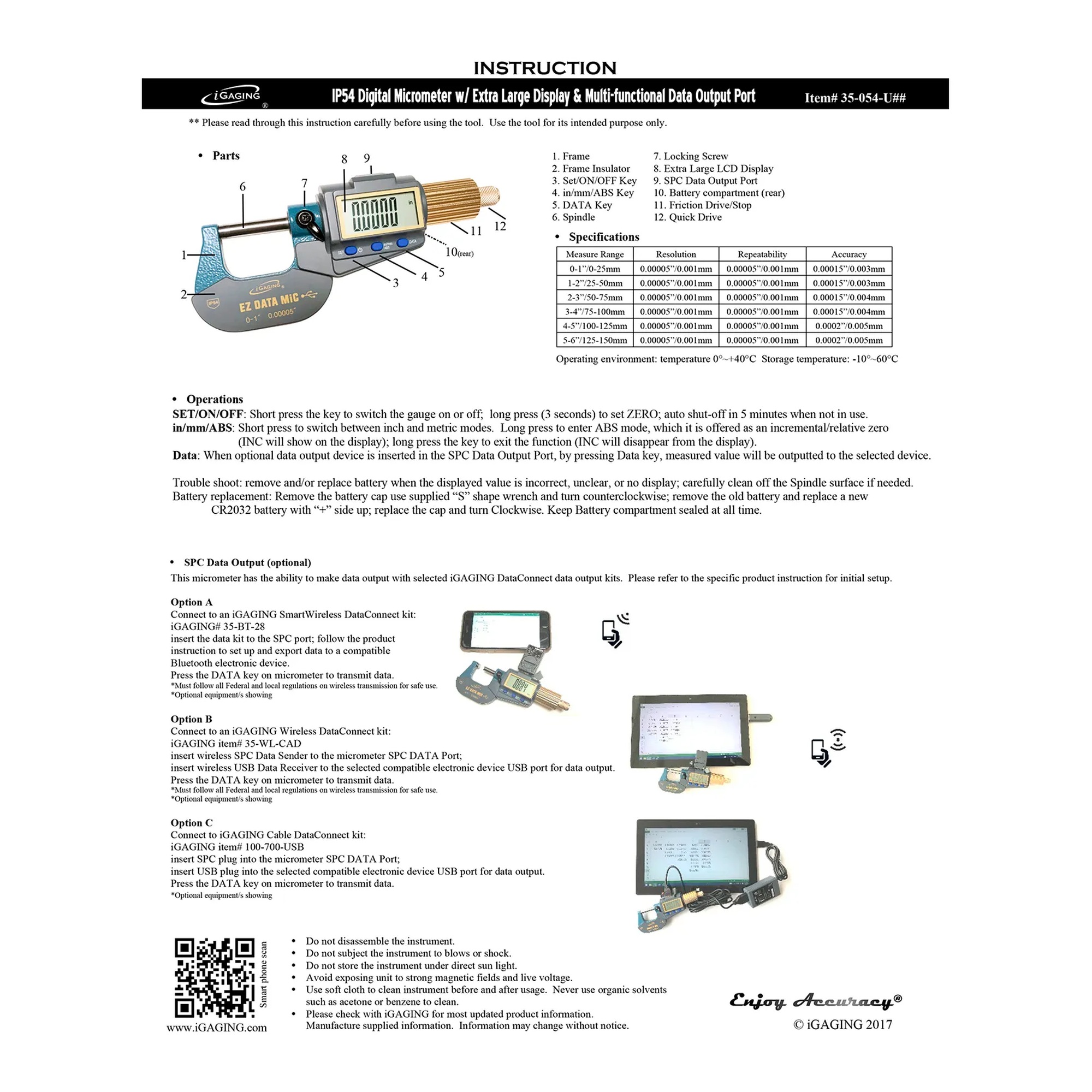 Digital micrometer with anodized friction thimble and 2 in. maximum range