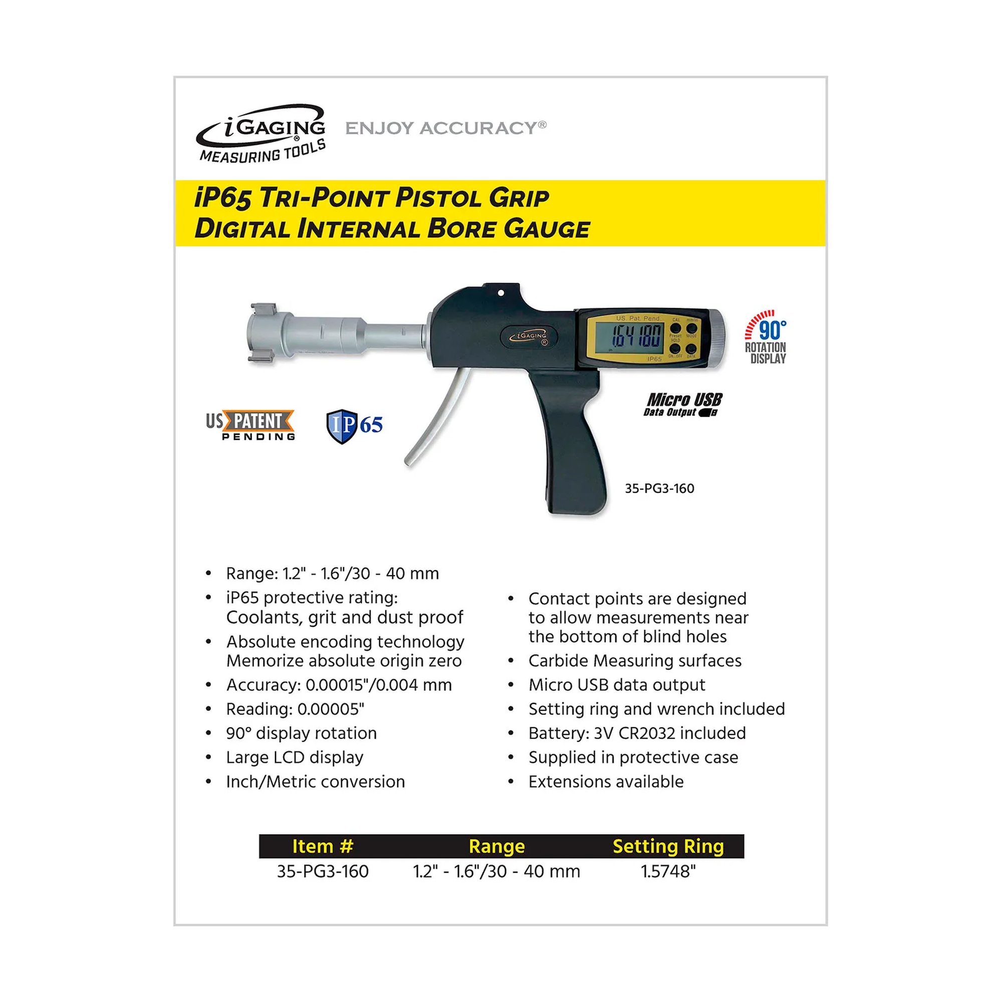 Digital pistol-grip three-point internal micrometer for 1.2 to 1.6 inch bore measurements