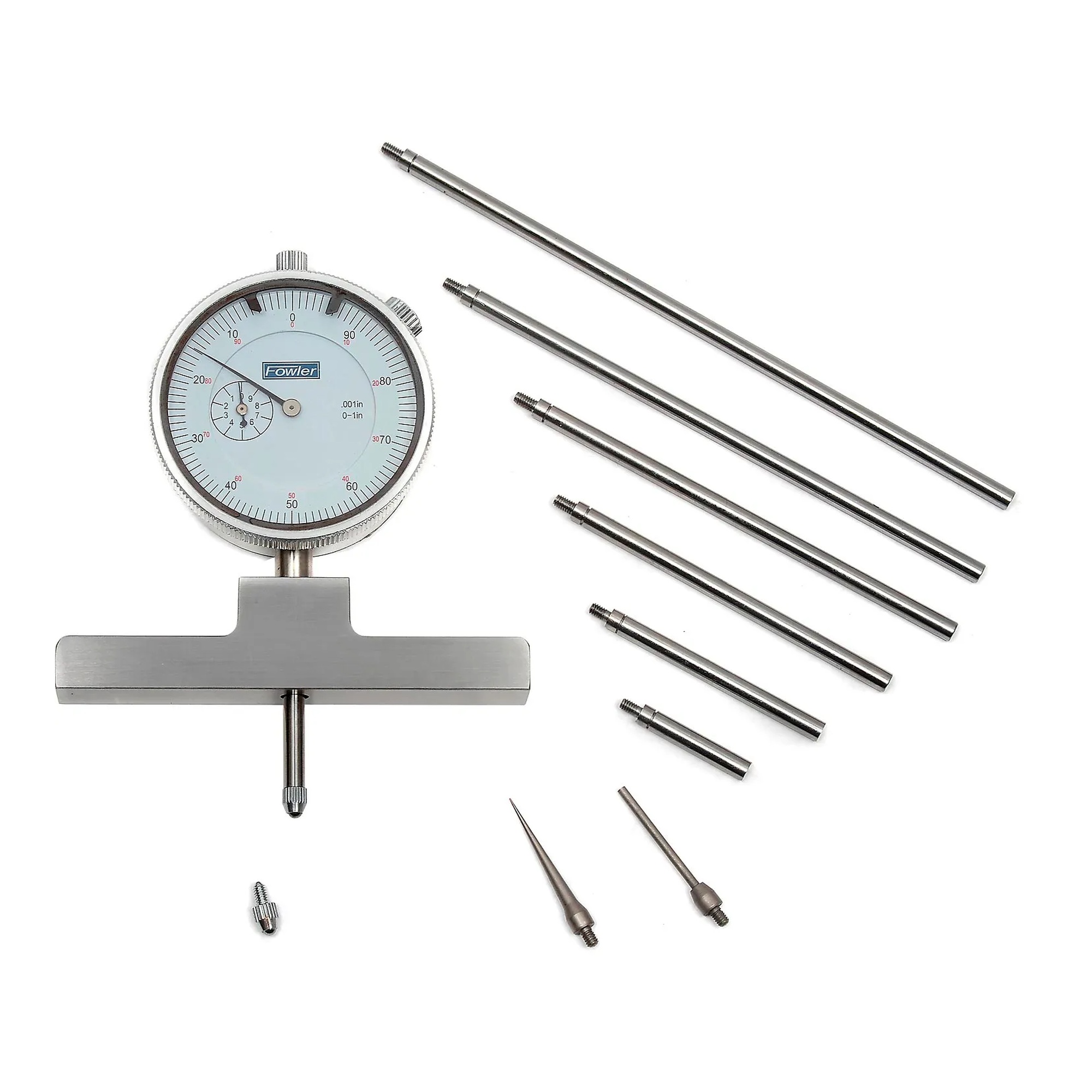 22-inch depth gage with connecting rods, 4-inch base, and indicator
