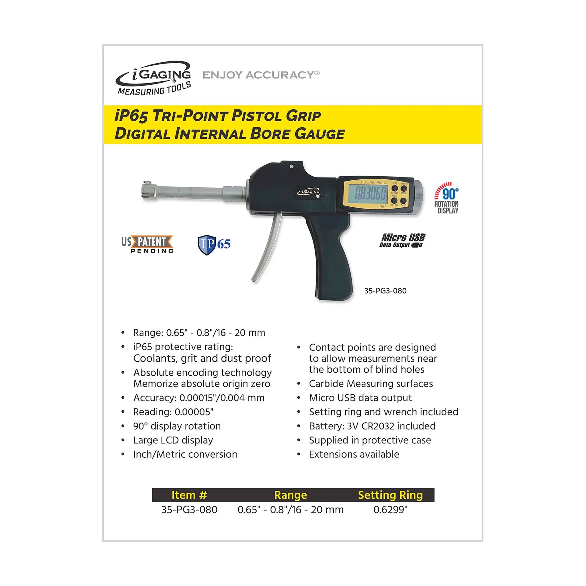 Digital pistol-grip three-point internal micrometer bore gauge