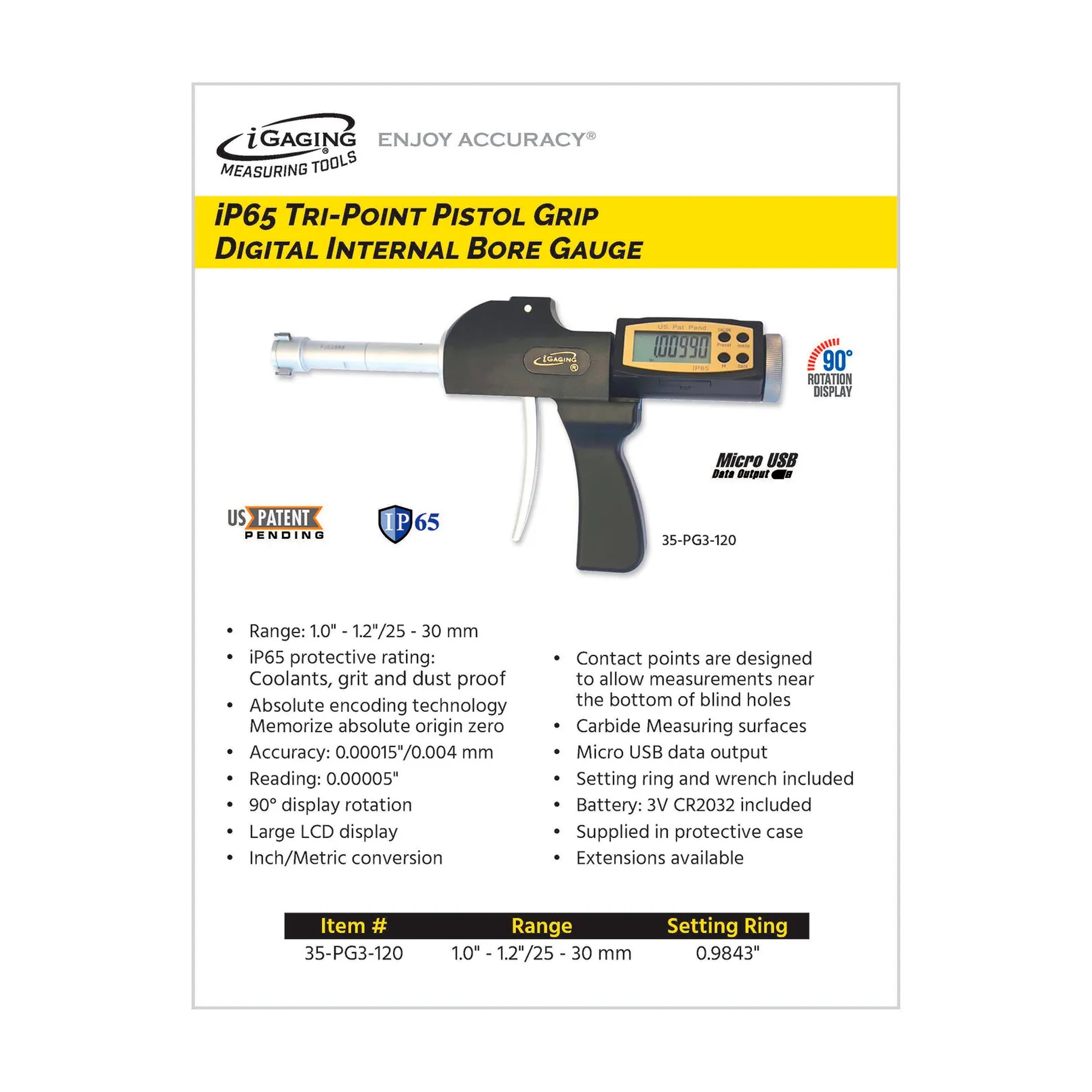 Digital pistol-grip three-point internal micrometer bore gauge for 1.0 to 1.2 inch bores