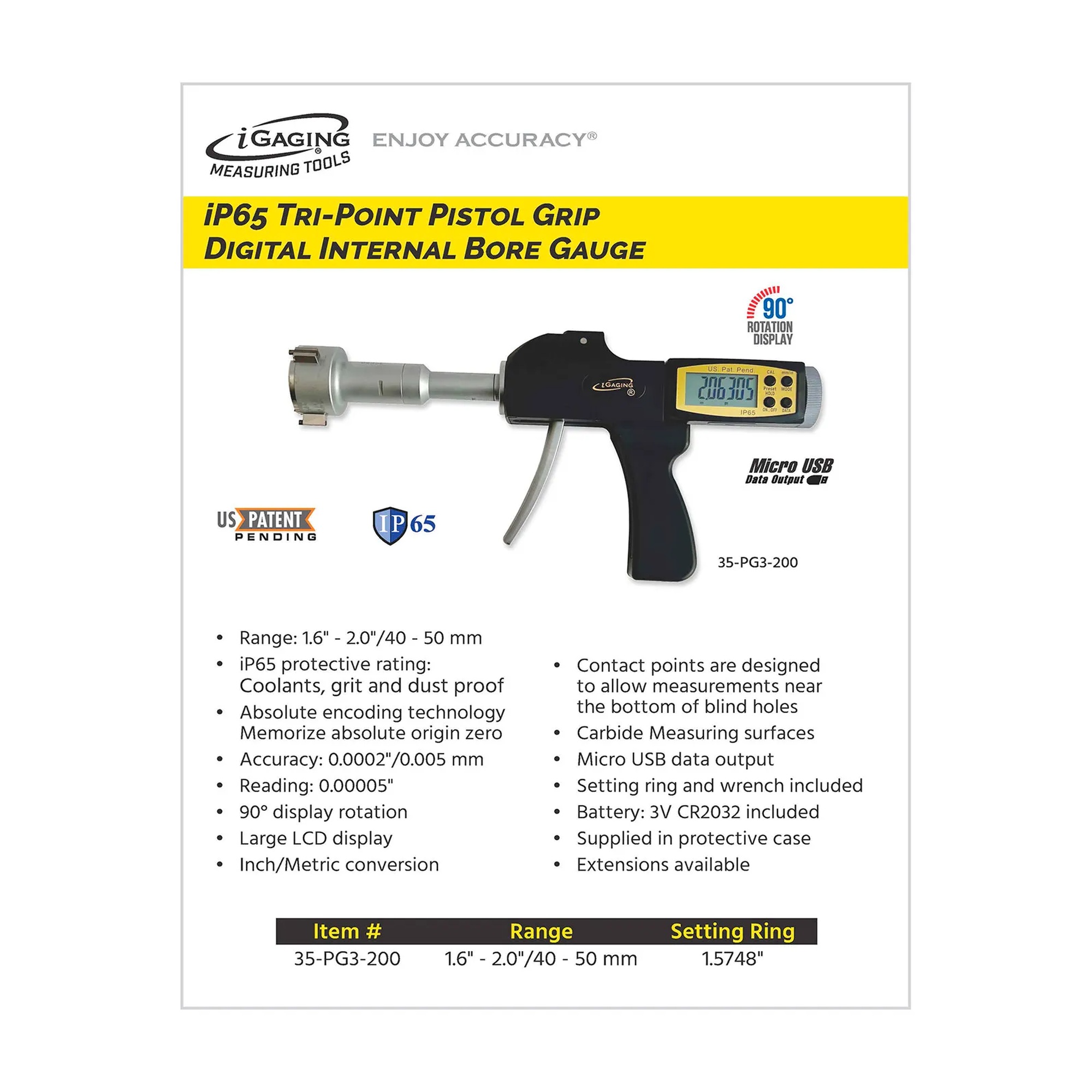 Digital pistol-grip three-point internal micrometer bore gauge with 1.6 to 2.0 inch range