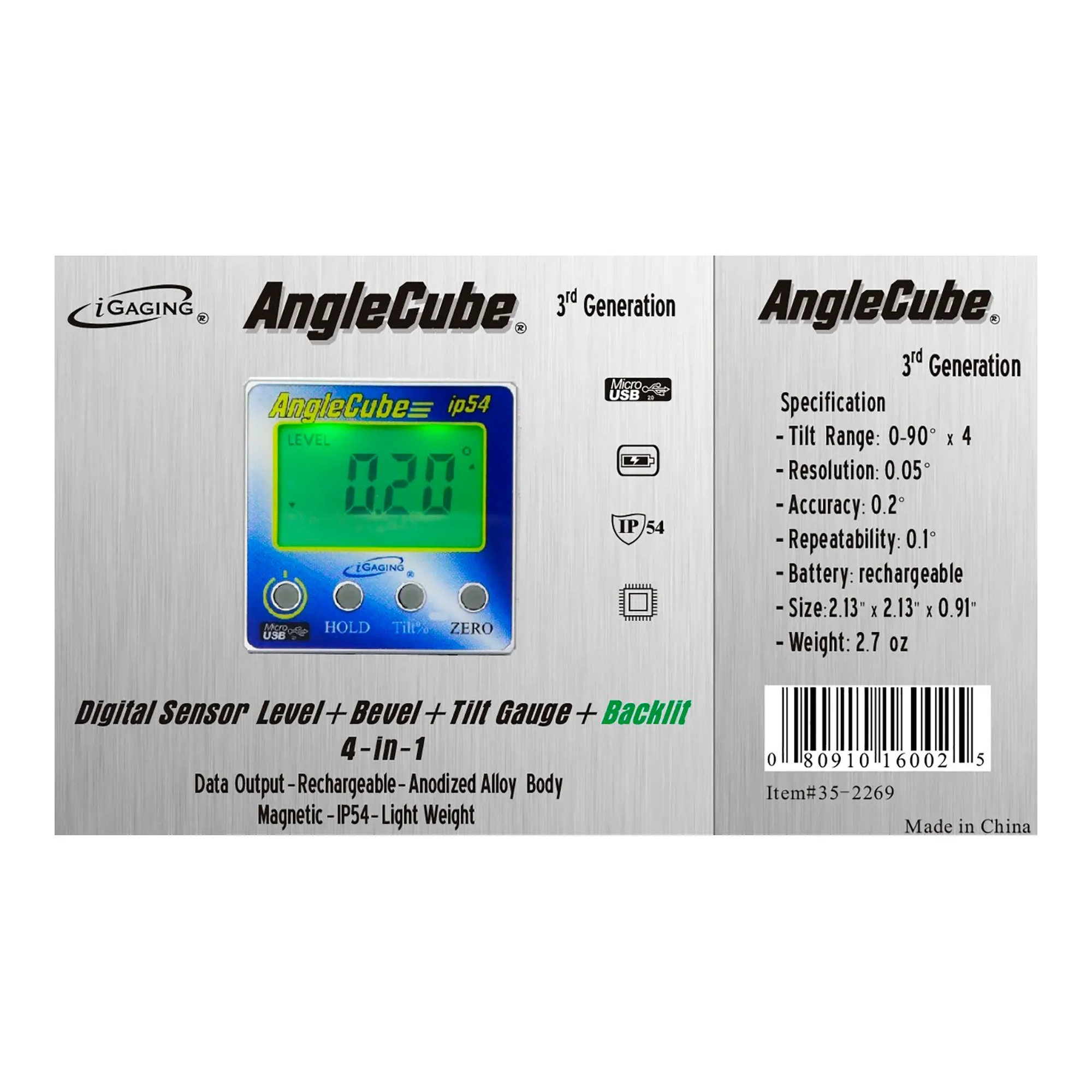 Blue digital level sensor with LCD display and magnetic sides