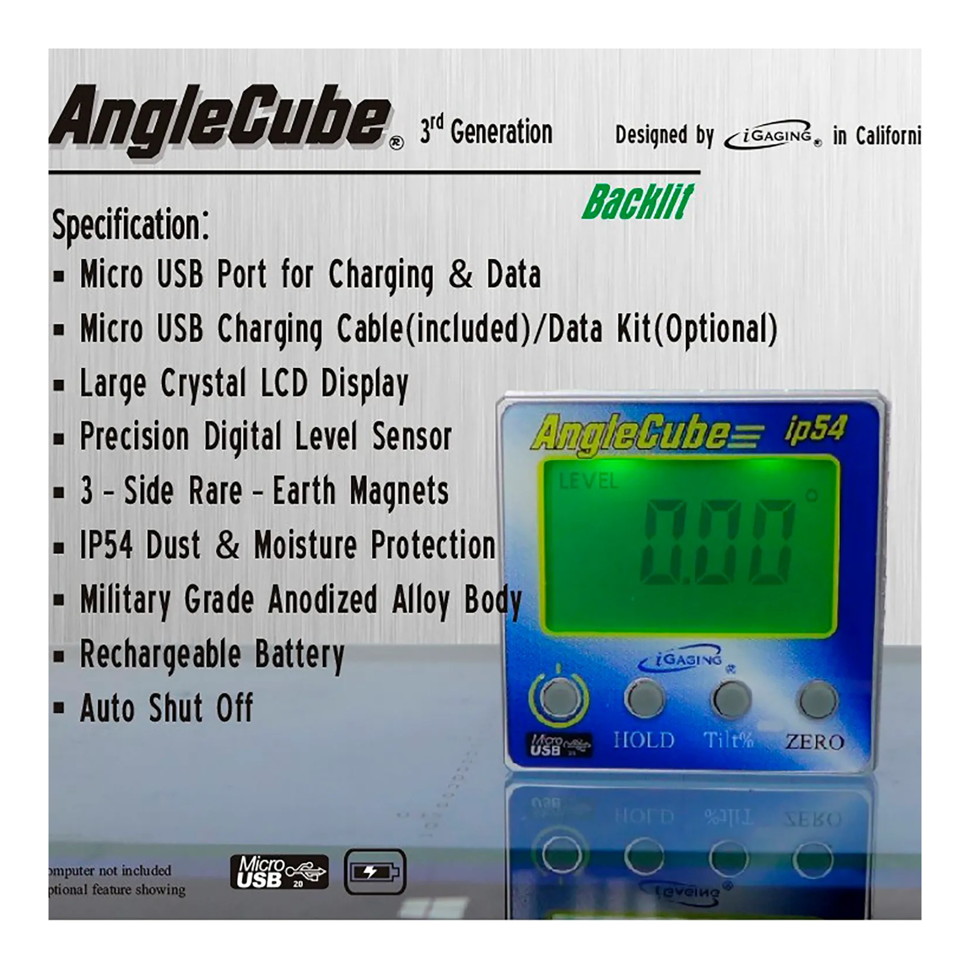 Blue digital level sensor with LCD display and magnetic sides