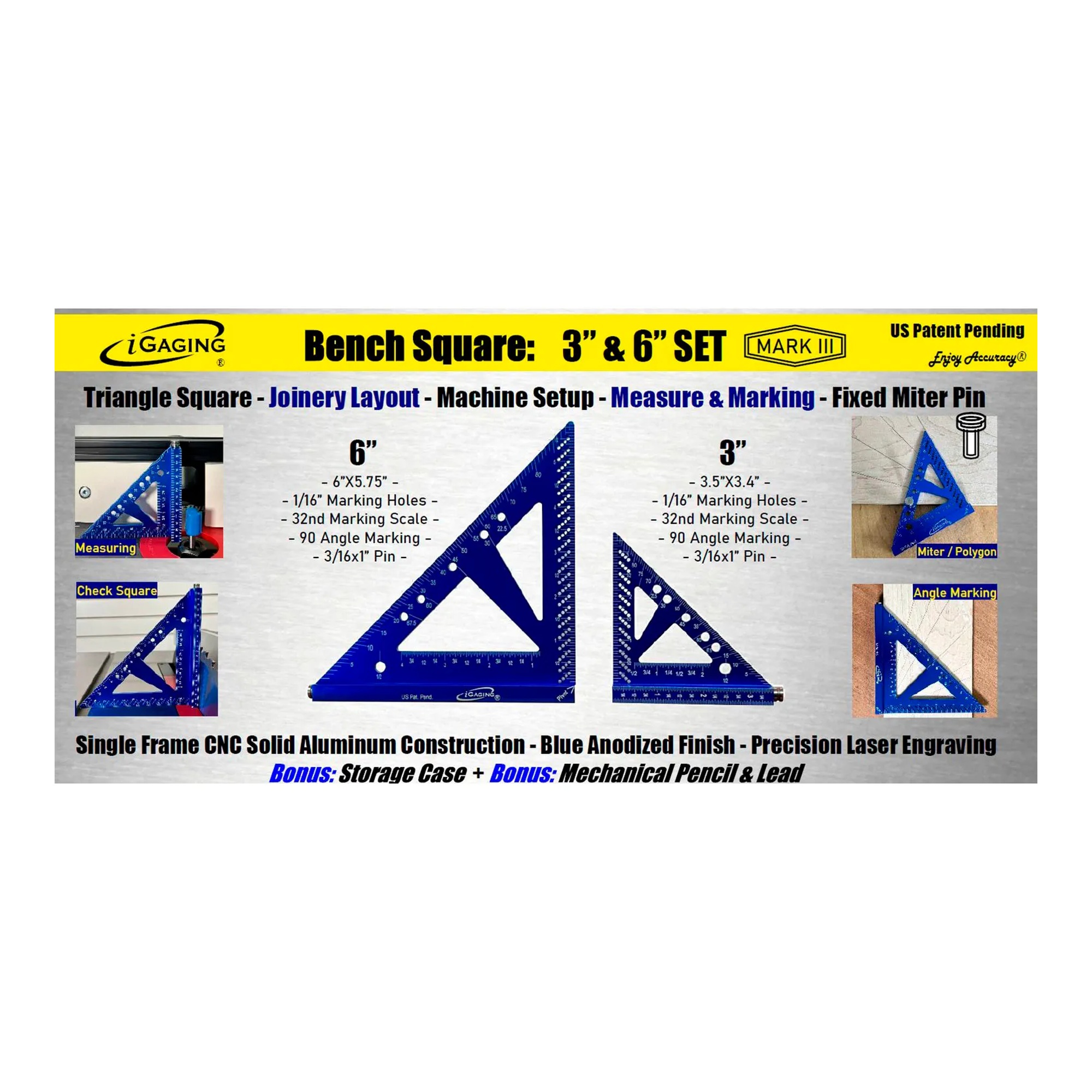 Blue anodized aluminum 3 inch and 6 inch bench squares