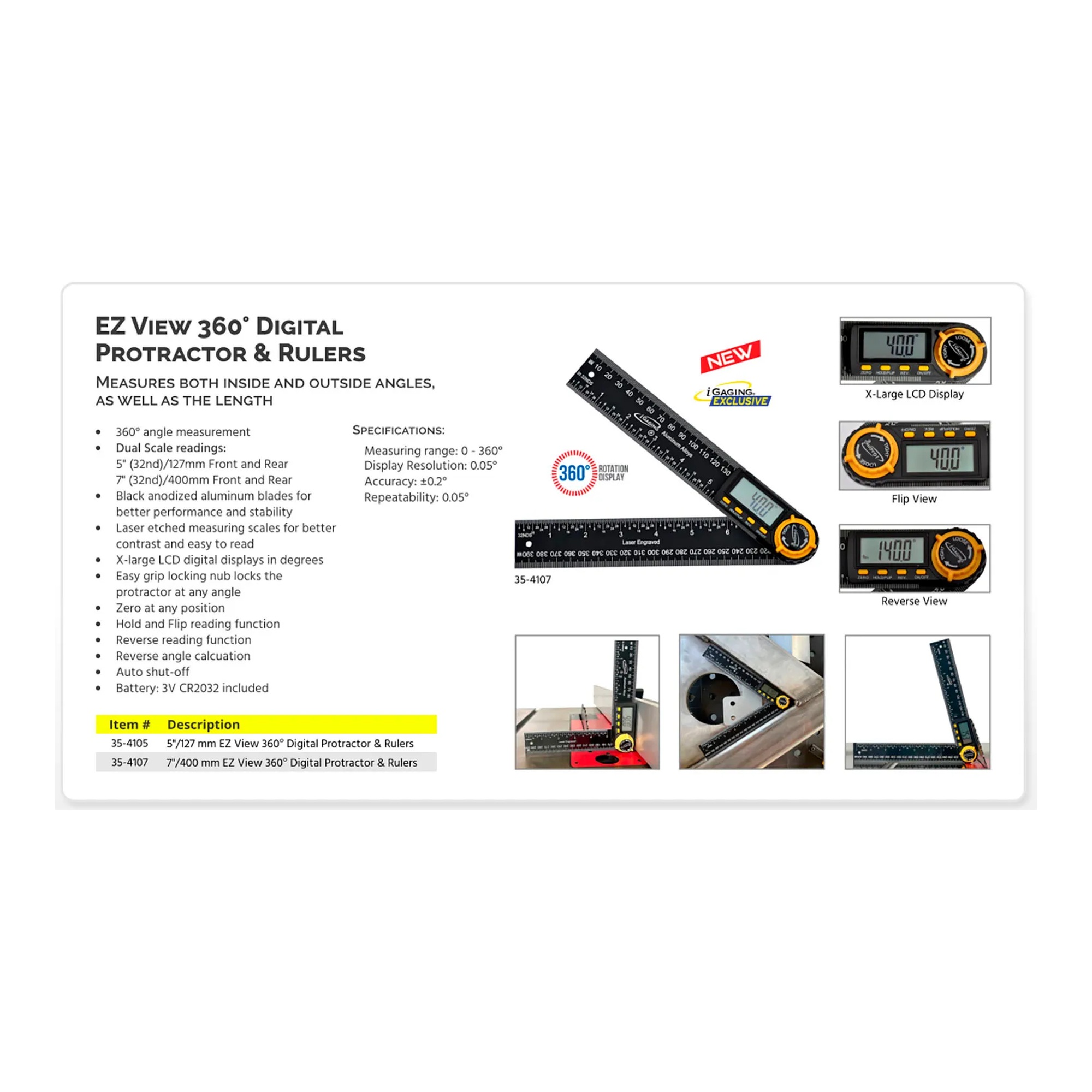 Digital protractor with large LCD display and black aluminum blades