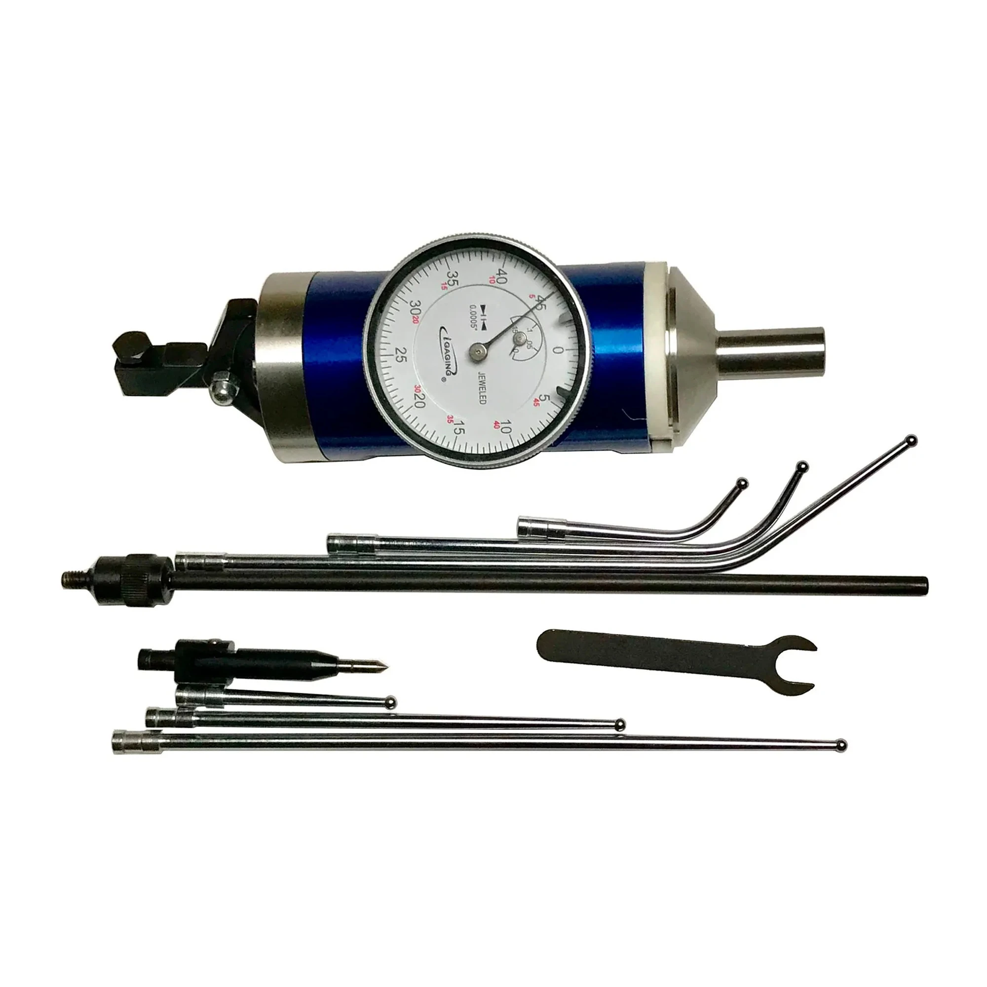 Co-ax centering indicator set with interchangeable feelers and wood case