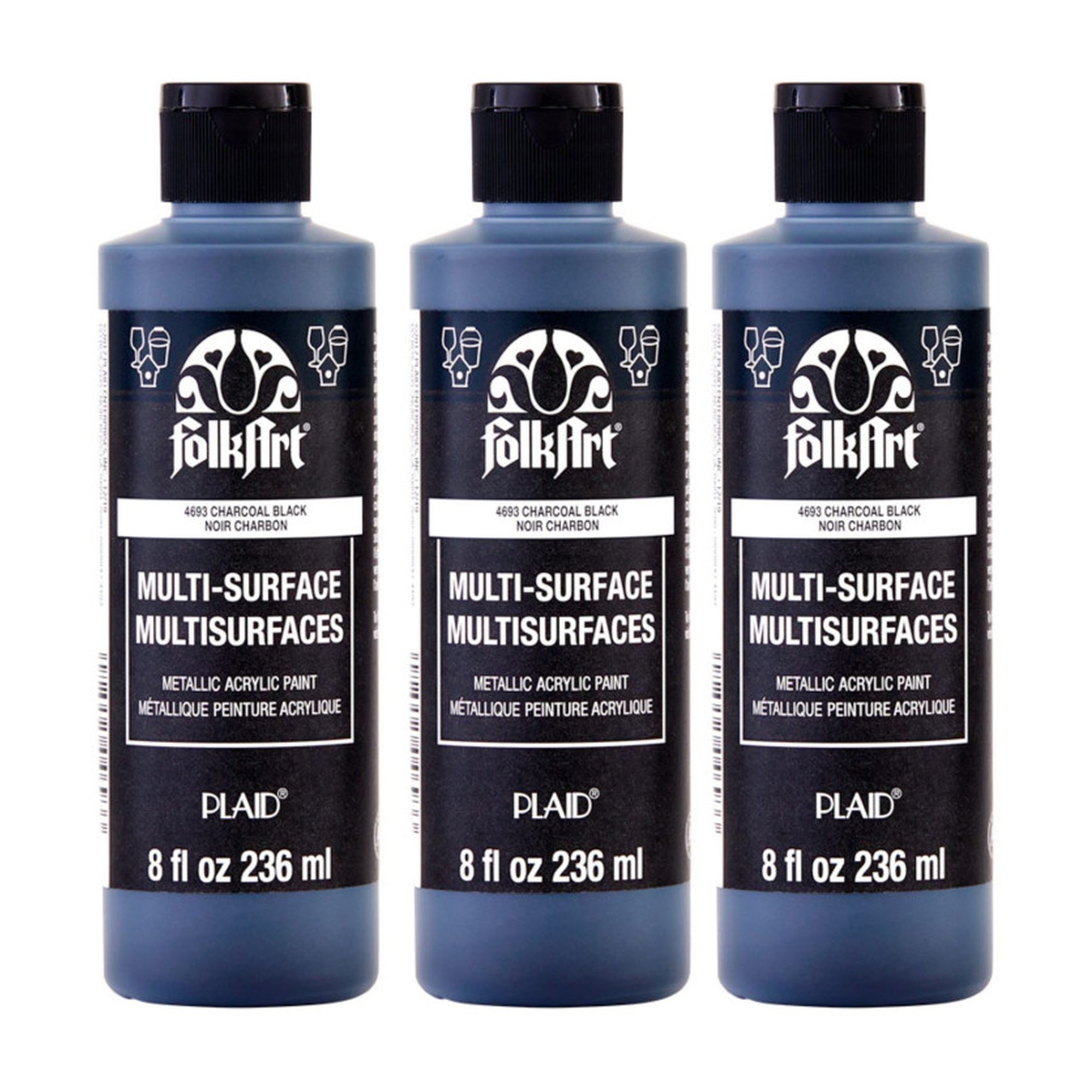 Metallic Charcoal Black Multi-Surface Acrylic Paint, 8 oz., 3-Pack