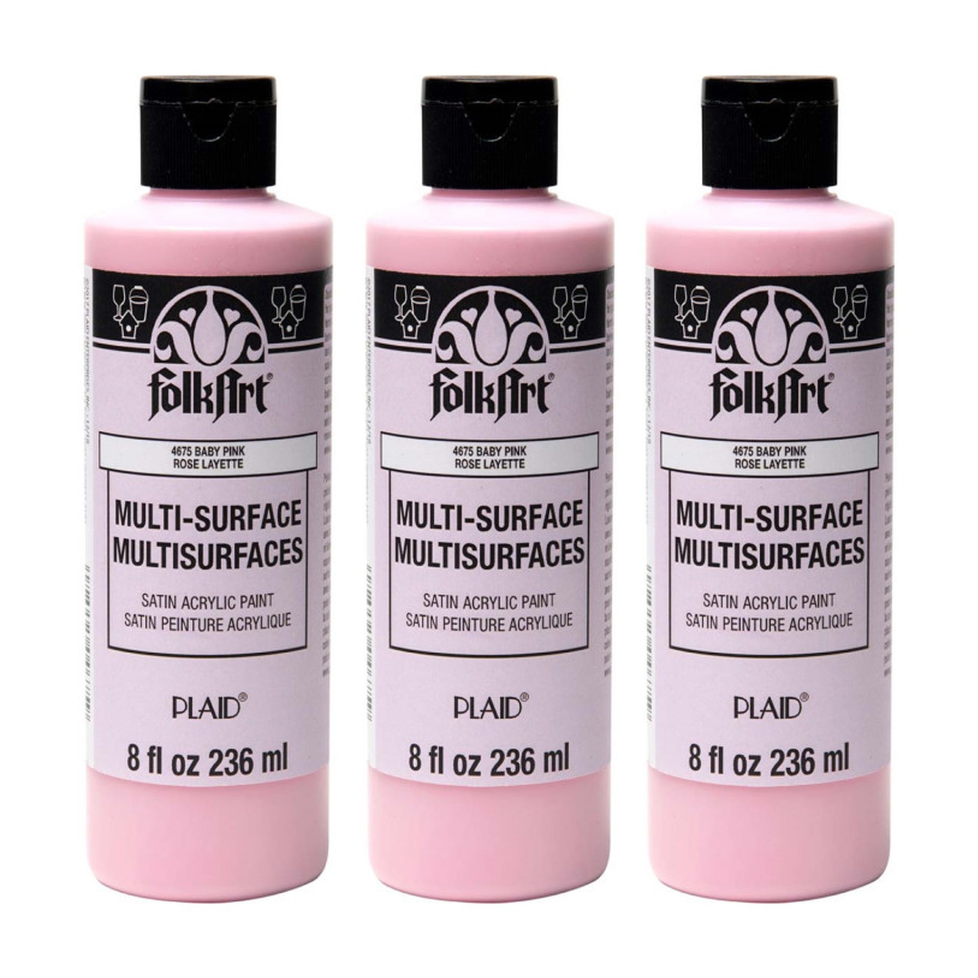 Multi-Surface Satin Acrylic Paint, Baby Pink, 8 oz., Pack of 3