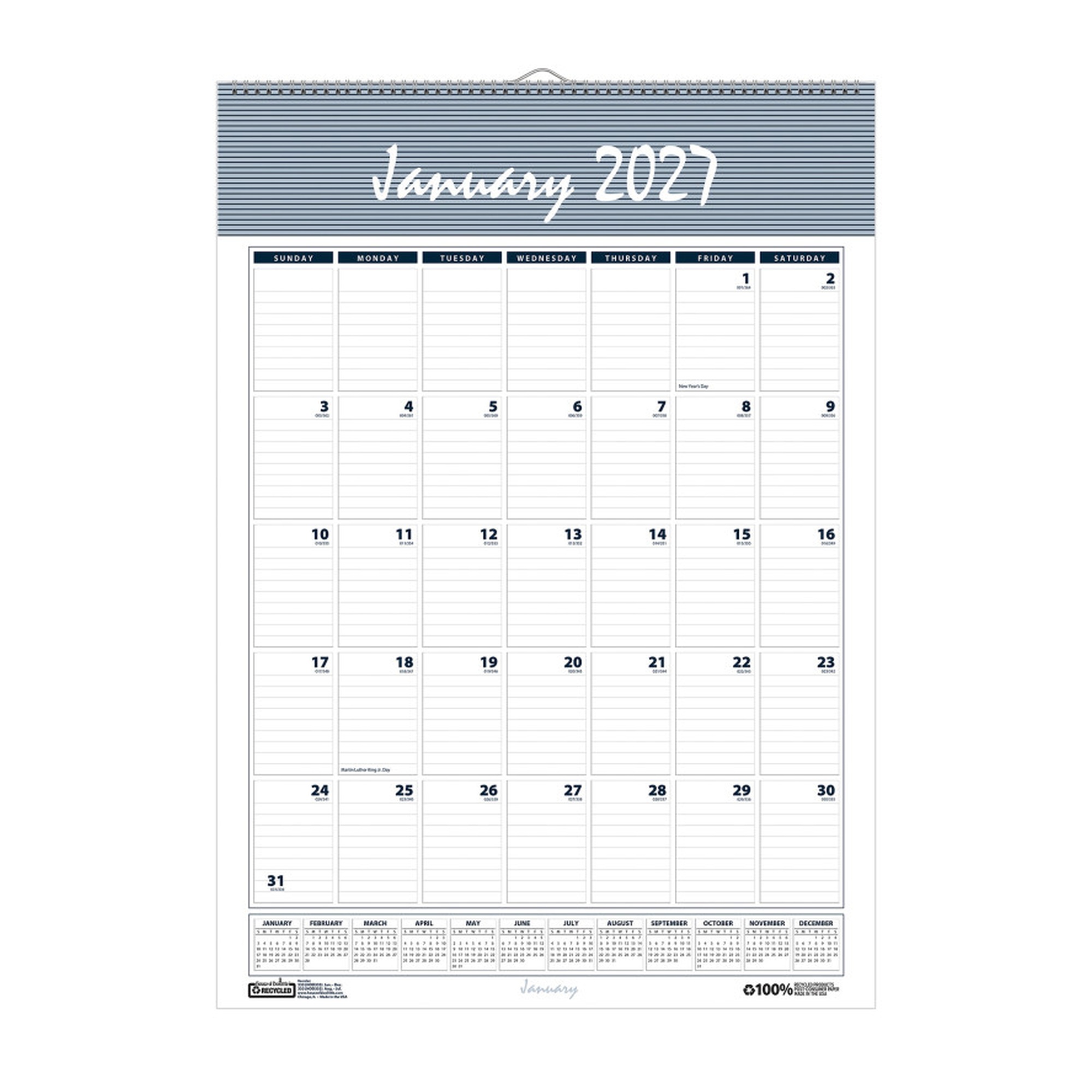 Recycled Monthly Wall Calendar, Blue, 15.5 x 22 Inches