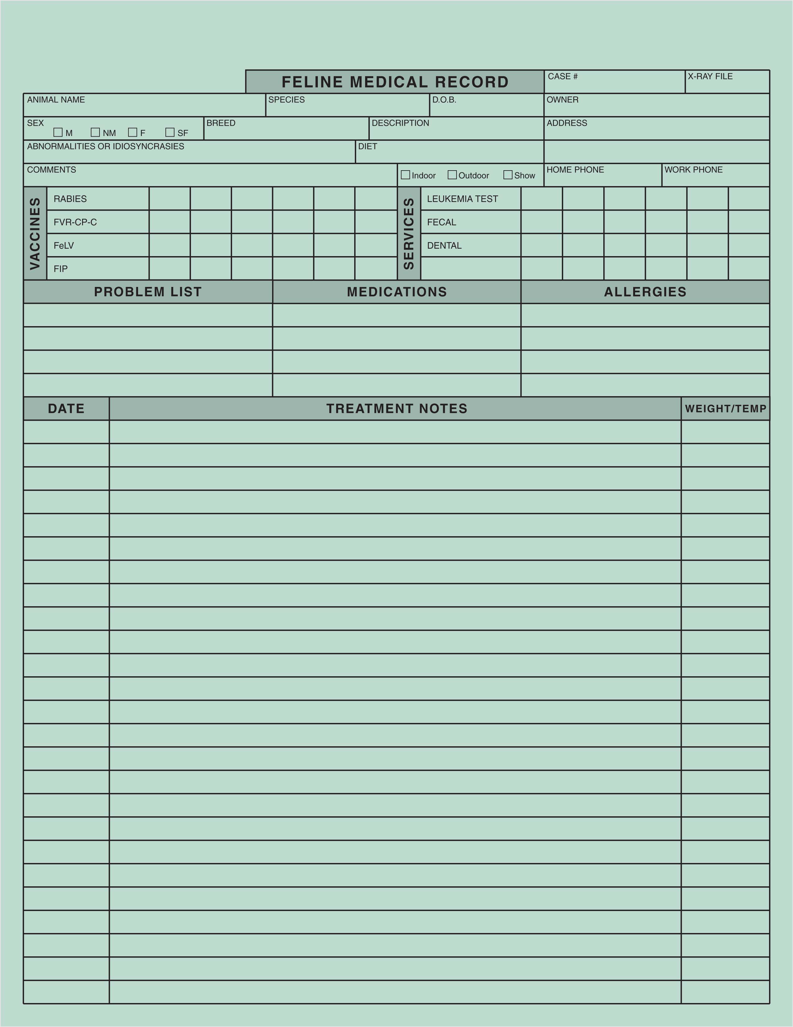 Tabbies V-CF101 - Feline Medical Records Form - Green - 8-1/2"x 11" - 250/Pack