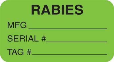 "Rabies Mfg - Serial # - Tag #" Label -  1-5/8"W x 7/8"H -  Fl-Green - 560/Roll