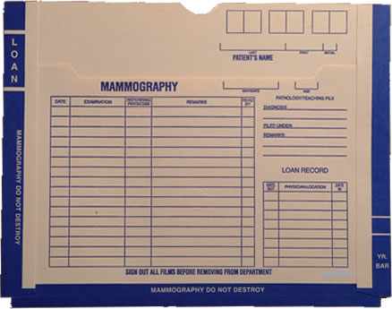 Mammogram  Film Jacket - Blue colored border -  11 pt. Manila Stock -  Expansion = 3/4 inch.  Size 11 X 14 -  200 Jackets per Carton,