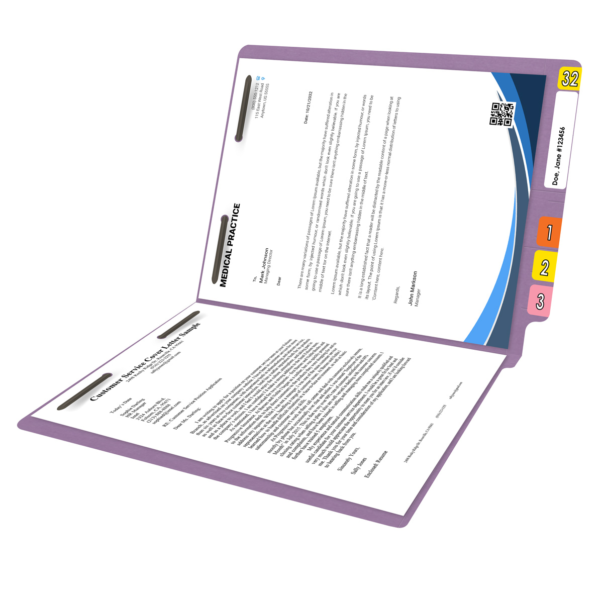 Lavender End Tab Folder with Fasteners - 11 Pt. - Letter Size - Fasteners in Positions 1 & 3 - Reinforced Tab - 50/Box