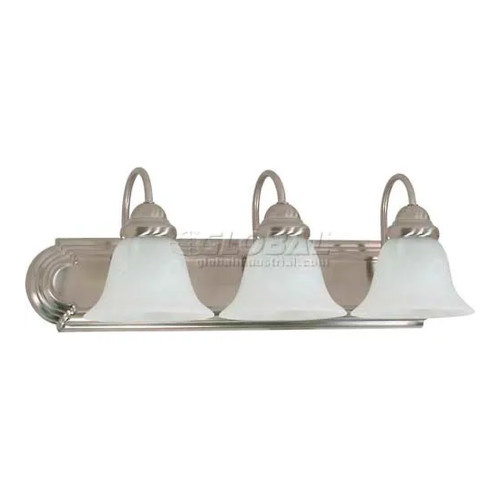 Three-Light Brushed Nickel Vanity Light with Alabaster Glass Bell Shades