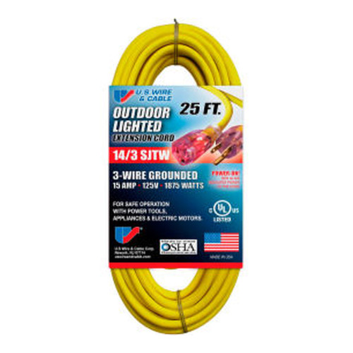 25-Ft. Yellow Lighted Plug Extension Cord, 14/3, 300V, 15A