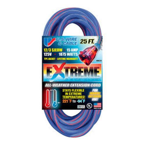 25 ft. 12/3 SJEOW-A Three-Conductor Extension Cord, Blue with Red Stripe