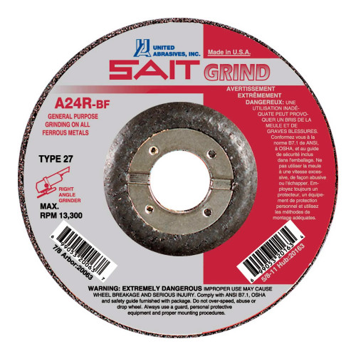 Type 27 Aluminum Oxide Depressed Center Grinding Wheel, 4-1/2 in. x 1/4 in. x 7/8 in., 24 Grit