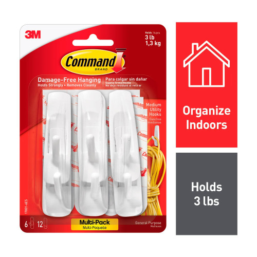 Medium White Adhesive Utility Hooks, 6-Pack