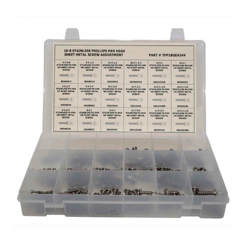 244-Piece 304 Stainless Steel Phillips Pan Head Sheet Metal Screw Assortment