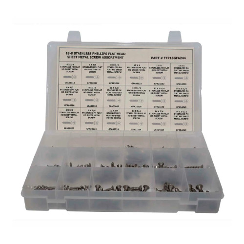244-Piece 304 Stainless Steel Flat Head Sheet Metal Screw Assortment