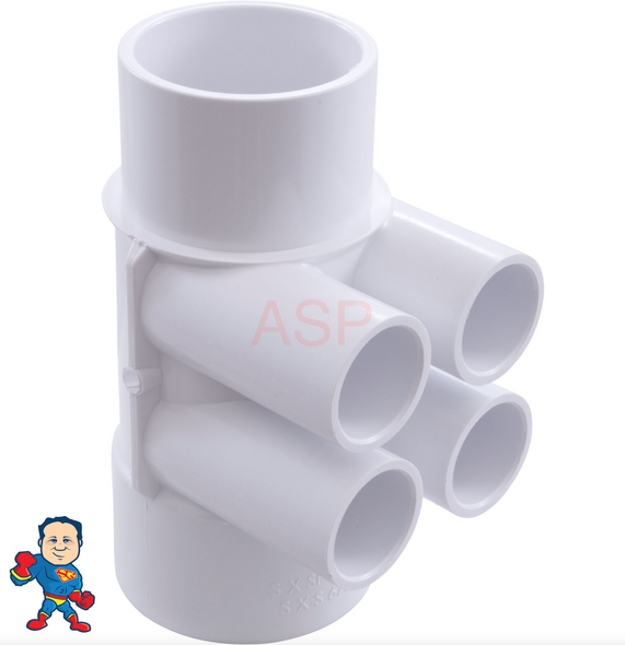 Manifold, 3/4" Slip, 4 Port, Flow Thru, 2" Slip x 2" Spigot