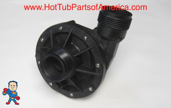 Wet End, Aqua-Flo, FMHP, 2.0HP, 1-1/2", 48 frame, 10.0A/230V, 16A/115v
The Suction and Pressure sides both Measure about 2-3/8" Across the threads and is called 1 ½”!
This is a 48 Frame Wet End and the Thru-Bolts are about 5 1/4" apart in a cross pattern and 3 5/8" Side to Side....Also the bolt heads on the thru-bolts are 1/4" on a 48 frame motor..IF your bolt heads are 5/16" you have a 56fr motor and this wet end will not work..