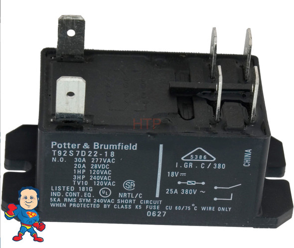 Relay, P&B, T-92, DPST-NO, 30A, 18vdc, Coil