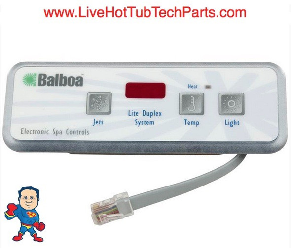 This kit comes with a 3 button duplex topside with a Black Out plate that measures 8 9/16" long x 3 1/2" wide to take up the space if you are replacing a larger topside system.
This is a Balboa Retrofit Complete control system that will run (1) Jet Pump ,(1) Circ Pump if equipped, and Ozonator and a Light. It comes with the pack which includes a Board, Heater and Tube and Sensors, a 3 Button Topside, a Light wire and bulb Kit and the Amp Cords needed to operate the items the system will run. Note:If you have a circ pump system it must move more than 30 gallon per minute to operate the M7 system. Added Note: There are a lot of circ systems that do not move more than 30GPM therefore if you have a circ system we recommend a system that uses a Pressure Switch not an M7 system.