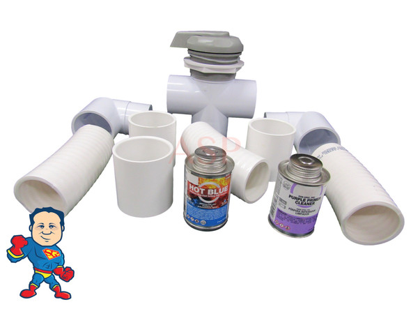 This Diverter Kit Includes the Diverter Valve, (3) 2" Couplers, (3) 6" Pieces of 2" Flex Pipe and (2) 2" Street Slip Ells and Includes 4oz of  Hot Blue Glue and 4oz of Purple Primer. These are the components need to completely change this style of Diverter valve.. Note: There are some valves that have 1 1/2" pipe on one or more of the outlet sides in these cases you would need to purchase some 2" to 1 1/2" Bushings to convert down to 1 1/2"..